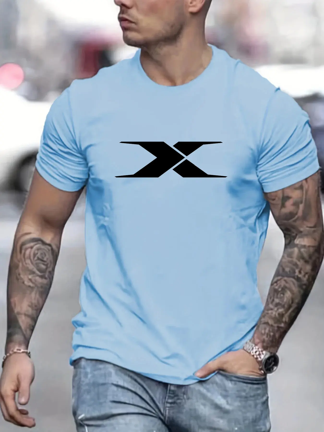 Summer men's 100% cotton casual loose fit large X letter print round neck short sleeved T-shirt top High Street Unisex style