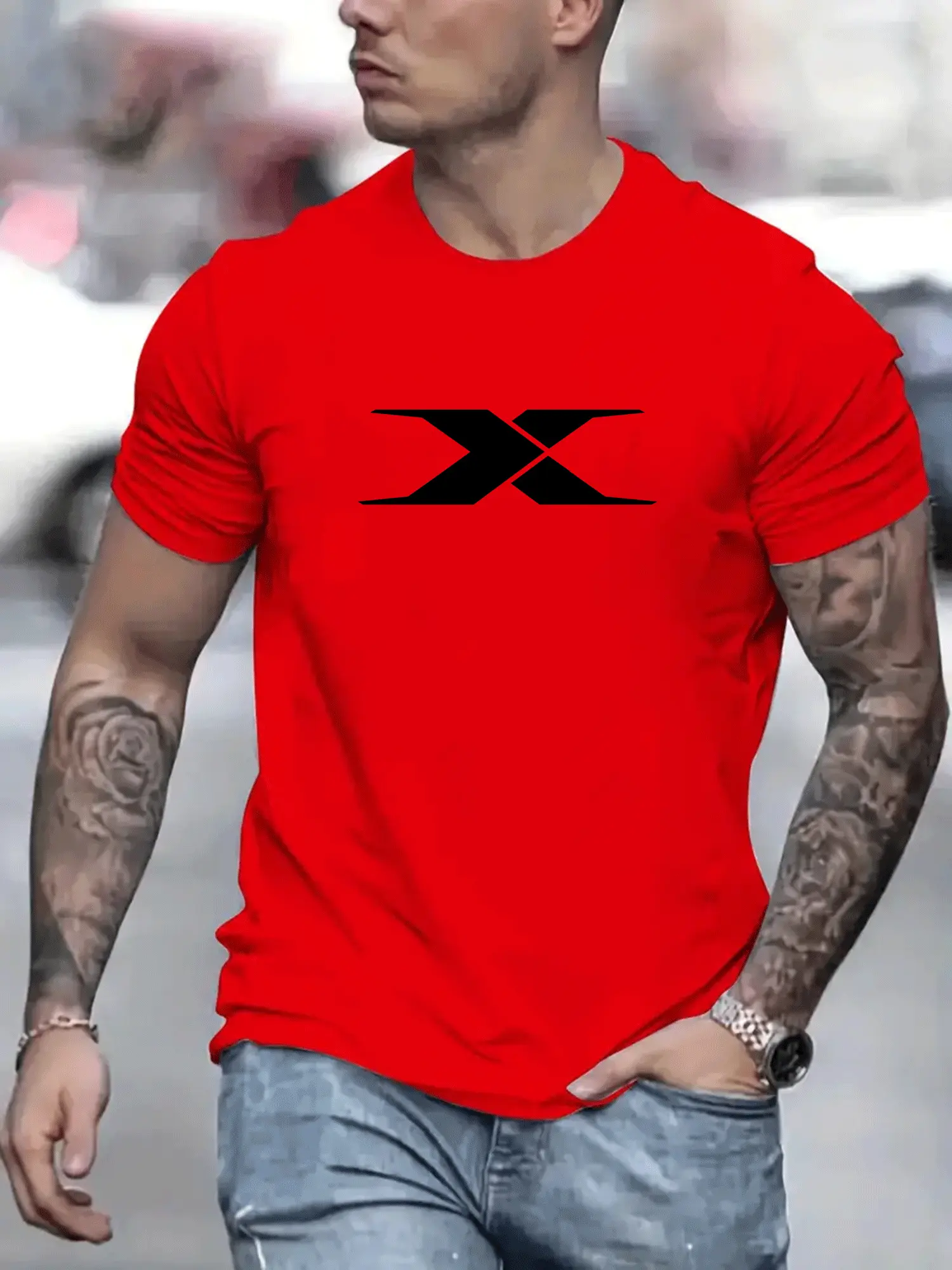 Summer men's 100% cotton casual loose fit large X letter print round neck short sleeved T-shirt top High Street Unisex style