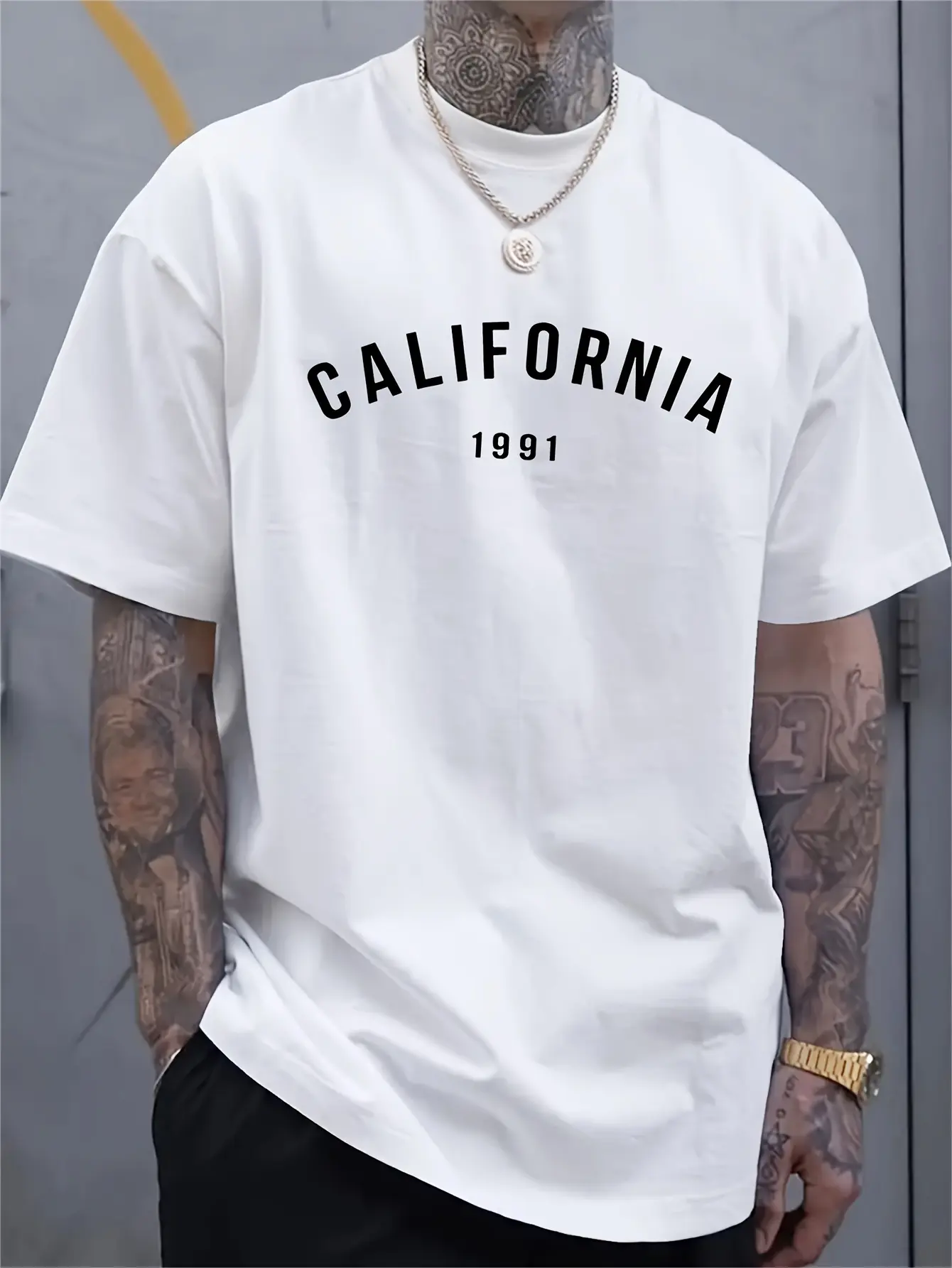 Men's summer 100% pure cotton fashionable casual loose California 1991 printed round neck short sleeved T-shirt top