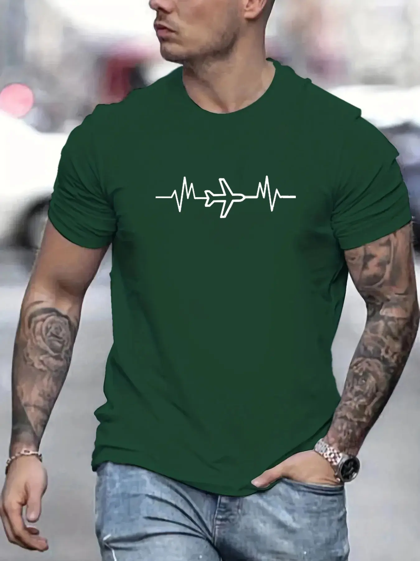 Men's 100% Cotton Summer Loose Size Creative Aircraft Graphic Print Casual Fit Round Neck Short Sleeve T-shirt Top