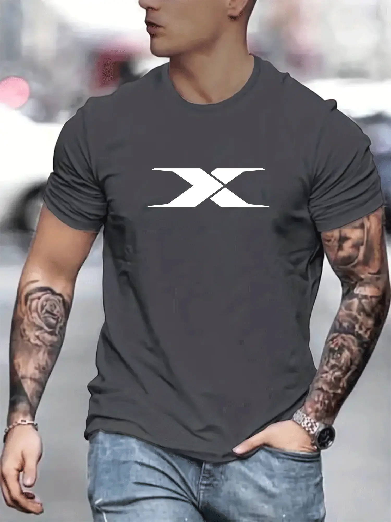 Summer men's 100% cotton casual loose fit large X letter print round neck short sleeved T-shirt top High Street Unisex style