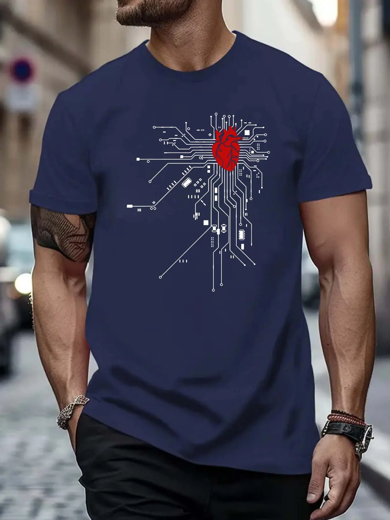 Men's summer 100 cotton fashionable casual sports loose heart-shaped circuit printed round neck short sleeved T-shirt top