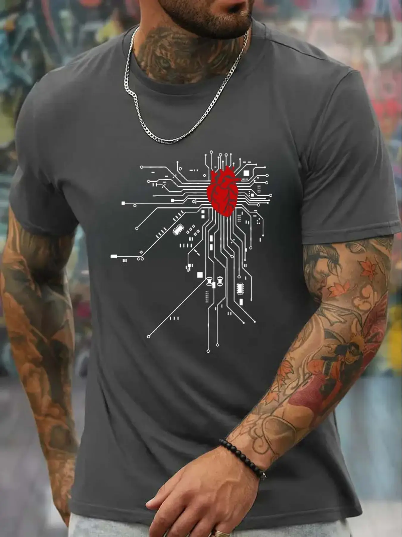 Men's summer 100 cotton fashionable casual sports loose heart-shaped circuit printed round neck short sleeved T-shirt top