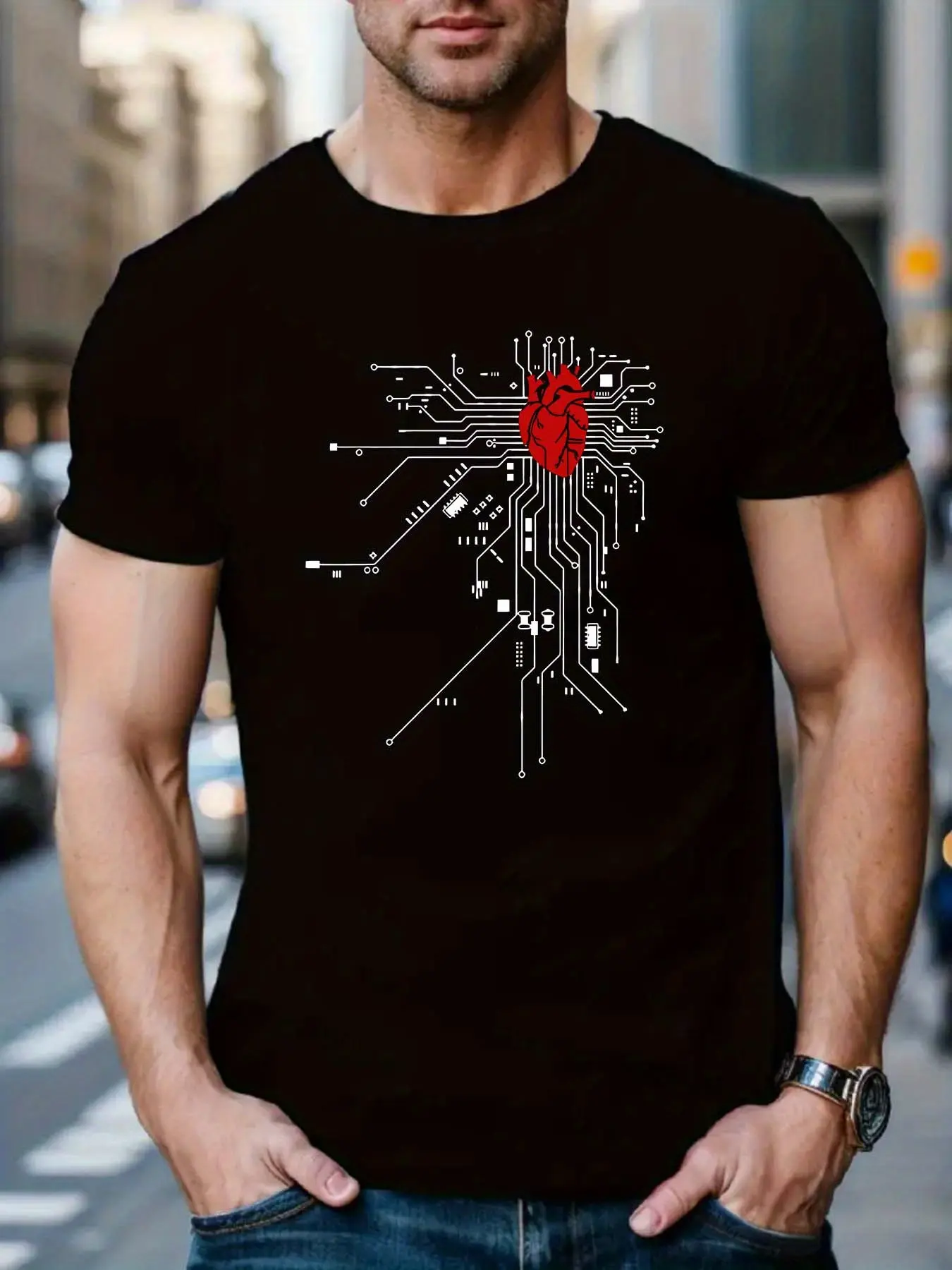 Men's summer 100 cotton fashionable casual sports loose heart-shaped circuit printed round neck short sleeved T-shirt top