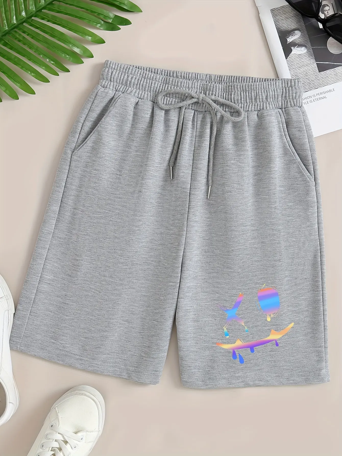 Men's Fitness Shorts men' casual sweat shorts cartoon evil bear print Comfortable and loose summer black gray