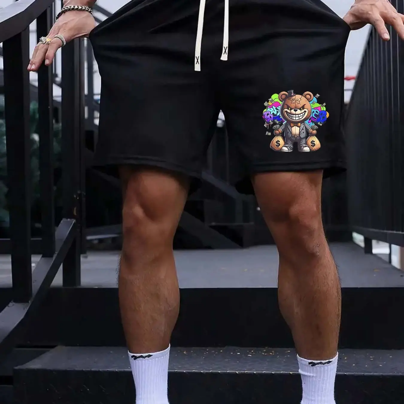 Men's Fitness Shorts men' casual sweat shorts cartoon evil bear print Comfortable and loose summer black gray
