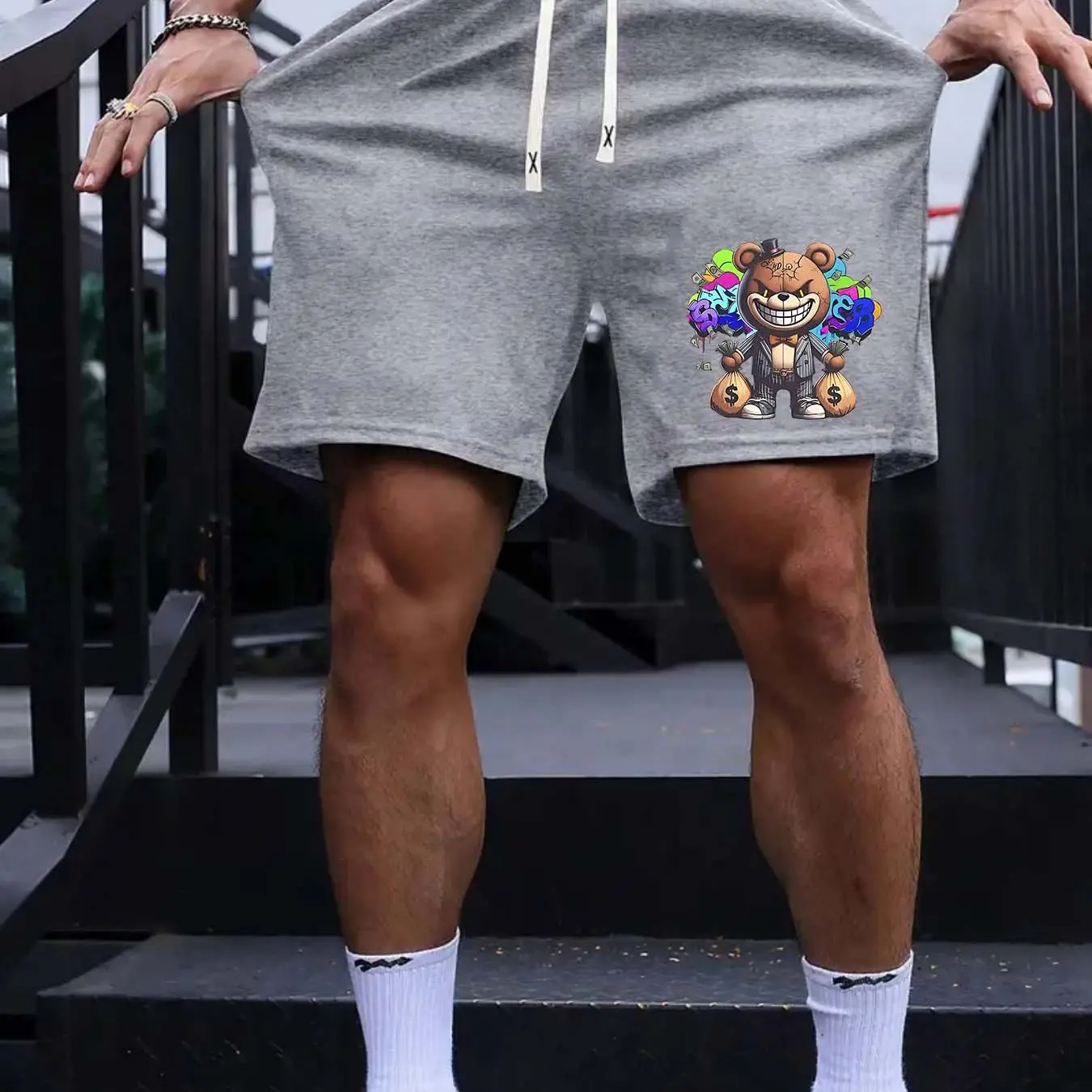 Men's Fitness Shorts men' casual sweat shorts cartoon evil bear print Comfortable and loose summer black gray