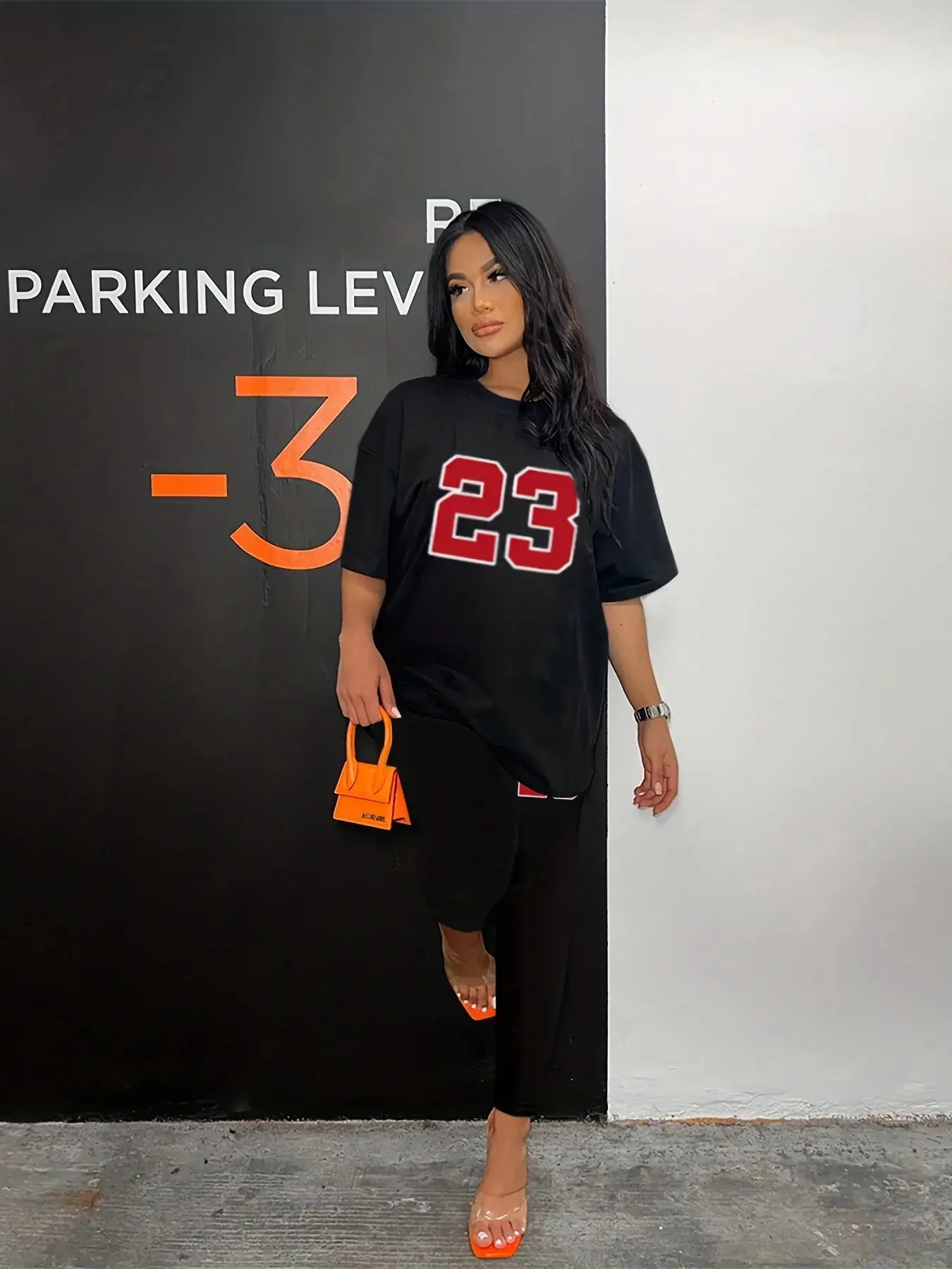 Women's 23 printed casual loose fit large round neck short sleeved T-shirt tight bottomed pants two-piece set
