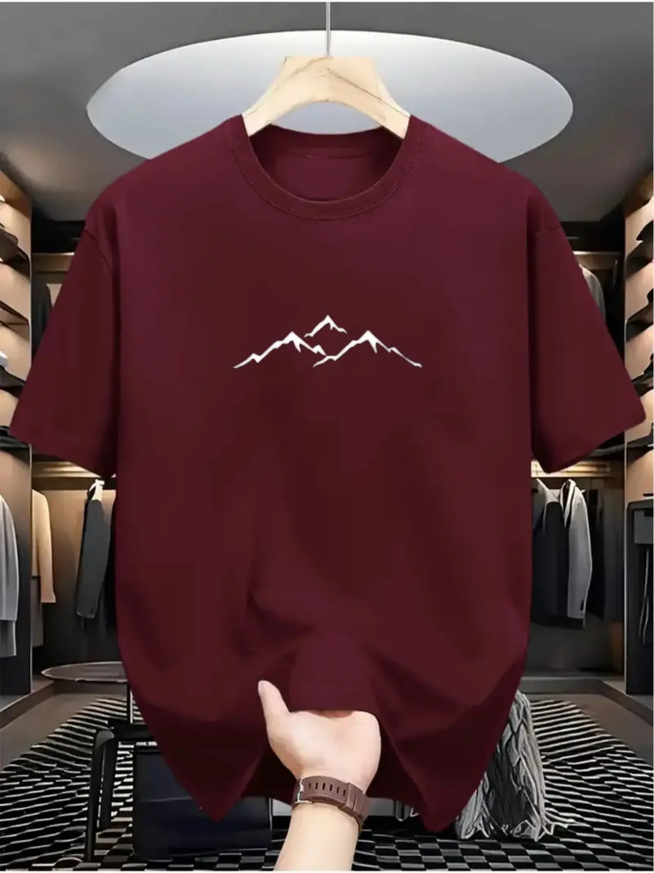 Men's summer 100% pure cotton fashionable casual loose sports mountain pattern printed round neck short sleeved T-shirt top