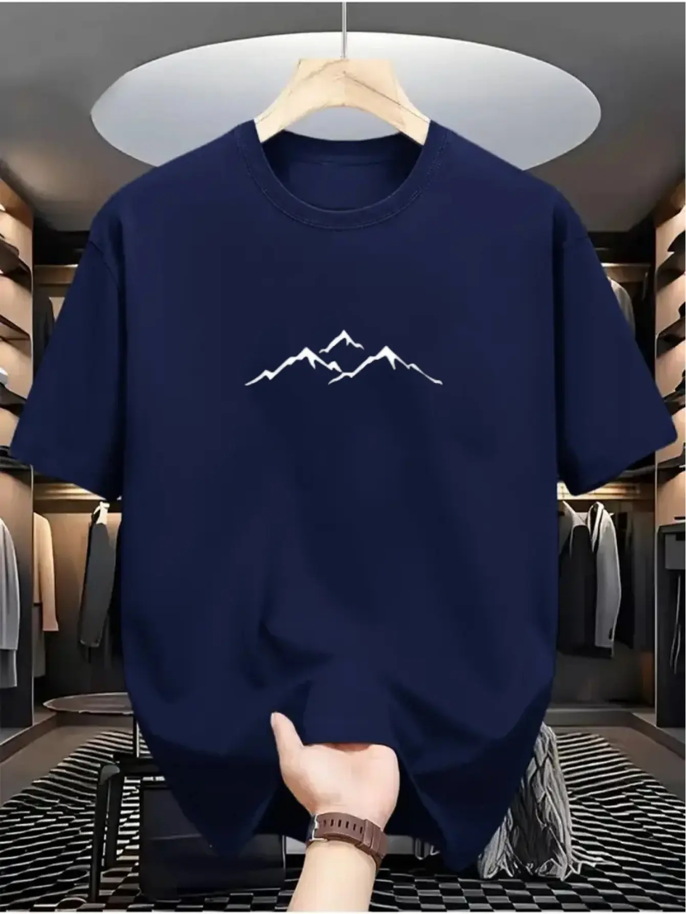 Men's summer 100% pure cotton fashionable casual loose sports mountain pattern printed round neck short sleeved T-shirt top