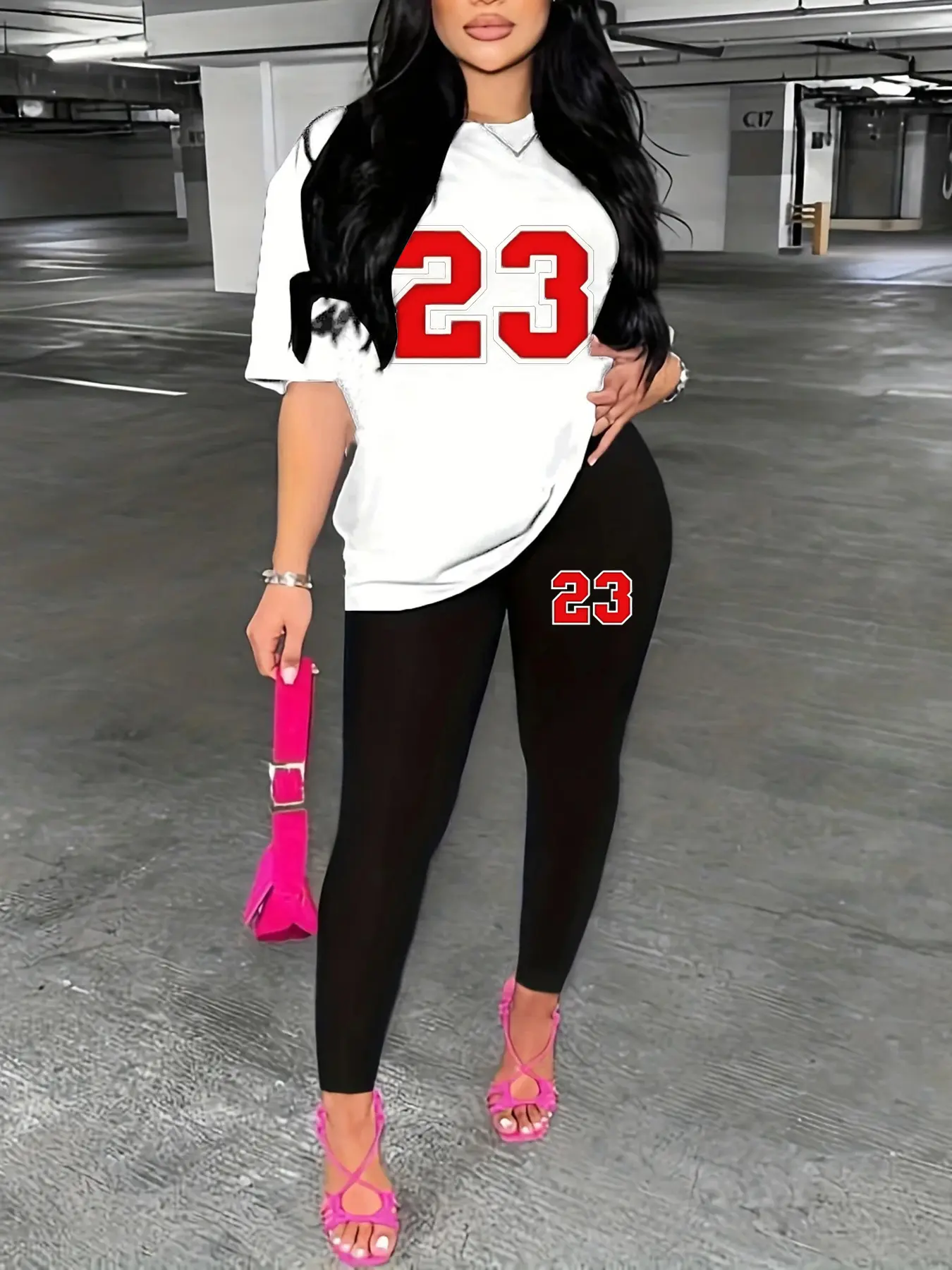 Women's 23 printed casual loose fit large round neck short sleeved T-shirt tight bottomed pants two-piece set