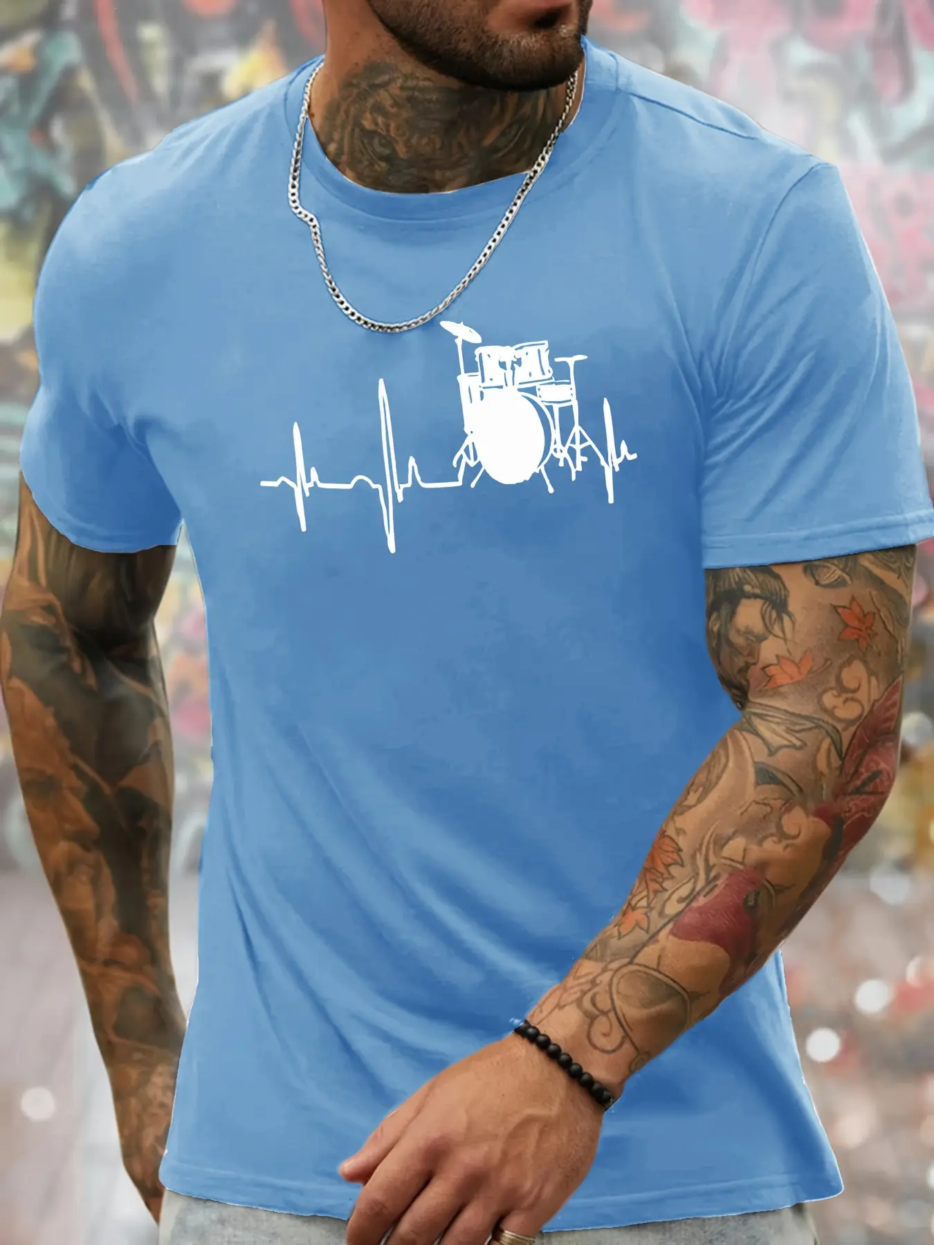 Men's Summer 100% Cotton Fashionable Sports and Leisure Loose Drum Set and Music Pattern Printed Round Neck Short Sleeve T-shirt