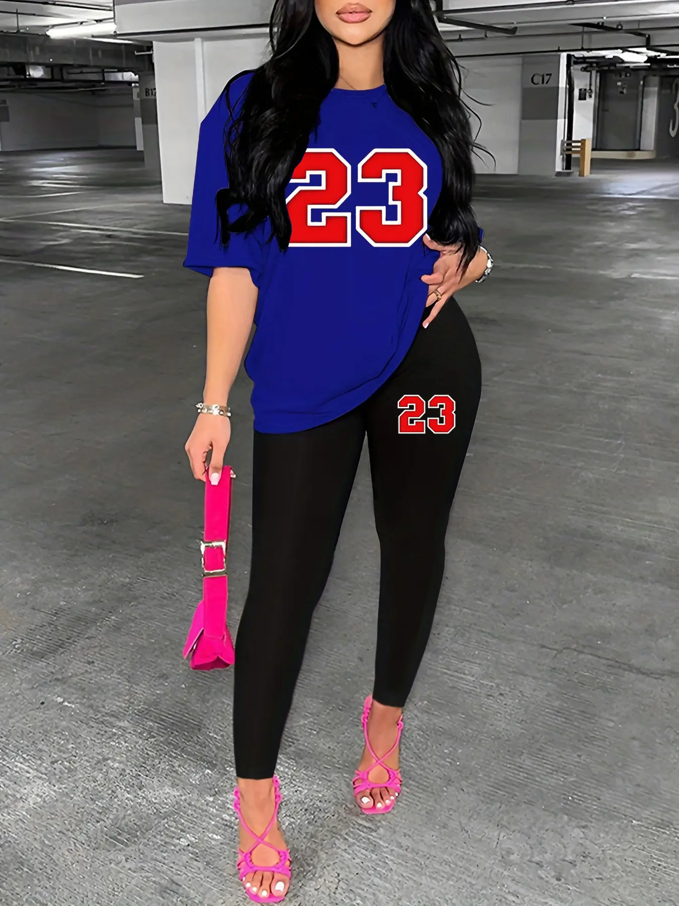 Women's 23 printed casual loose fit large round neck short sleeved T-shirt tight bottomed pants two-piece set