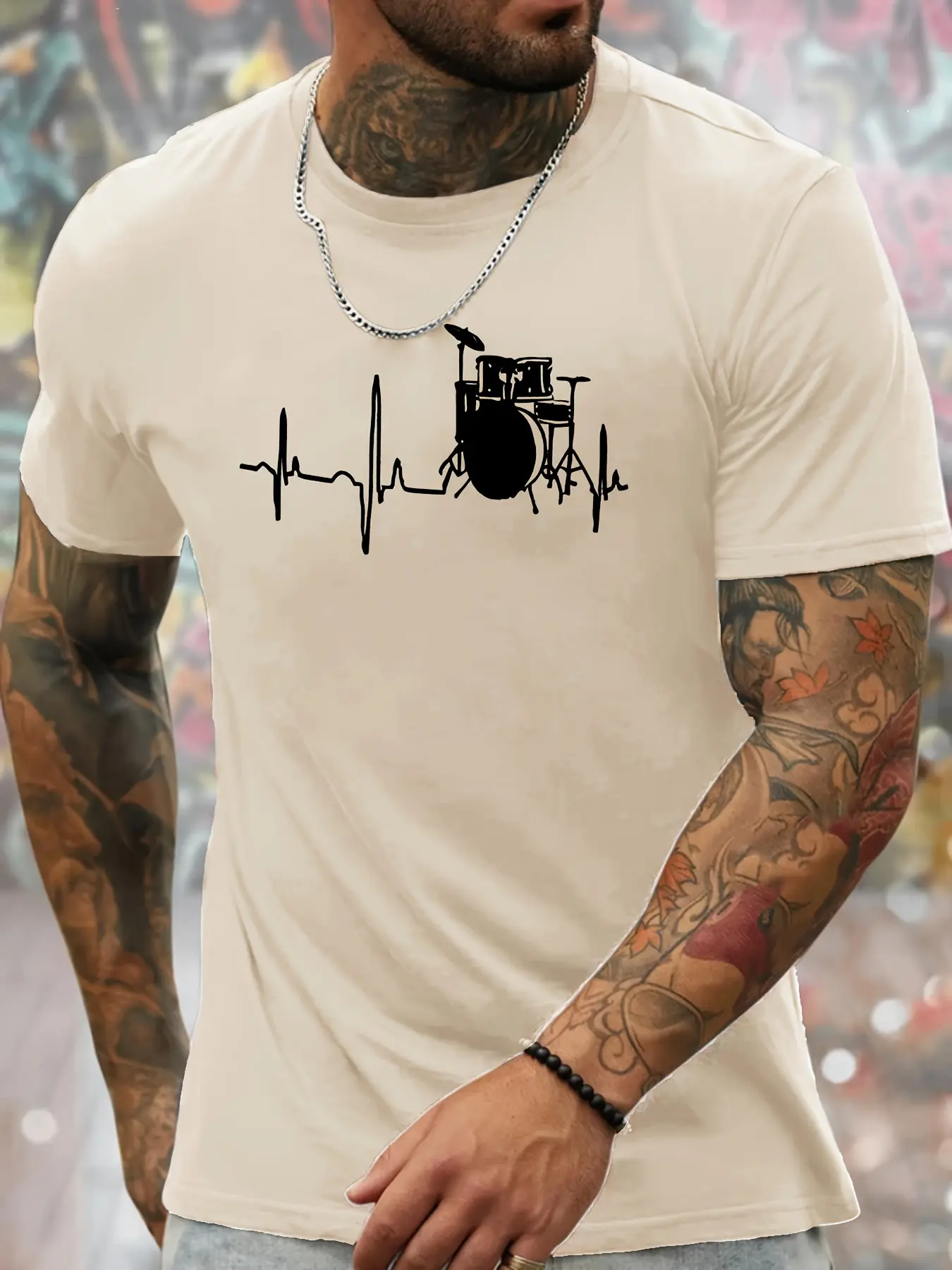 Men's Summer 100% Cotton Fashionable Sports and Leisure Loose Drum Set and Music Pattern Printed Round Neck Short Sleeve T-shirt