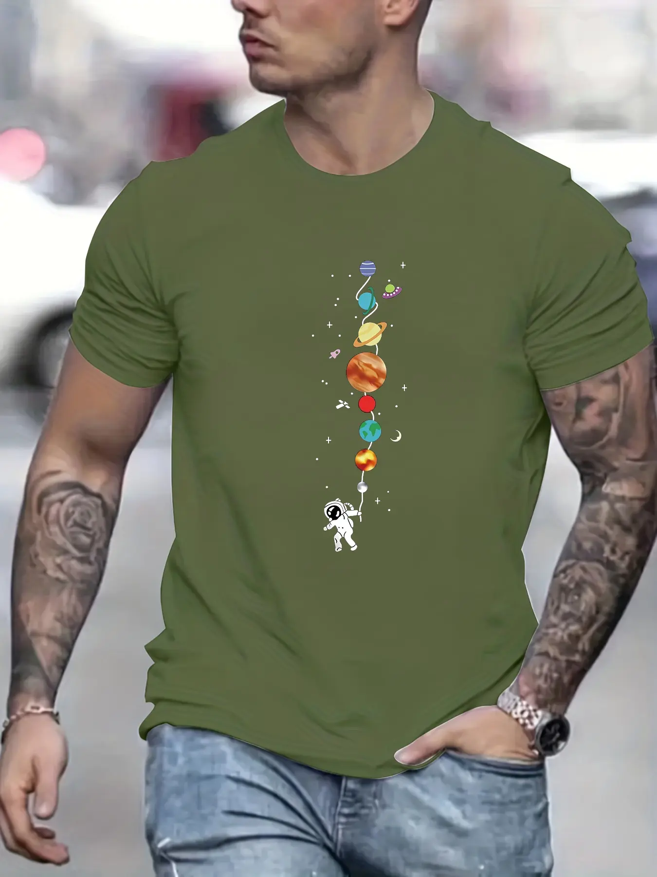 Men's 100% pure cotton summer loose size astronaut planet pattern print casual comfortable round neck short sleeved T-shirt top