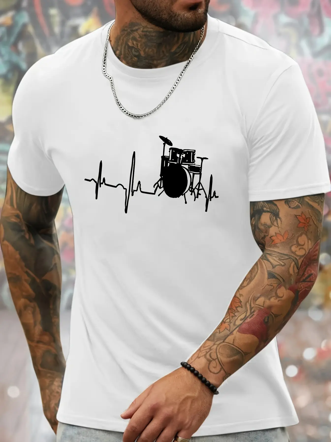 Men's Summer 100% Cotton Fashionable Sports and Leisure Loose Drum Set and Music Pattern Printed Round Neck Short Sleeve T-shirt