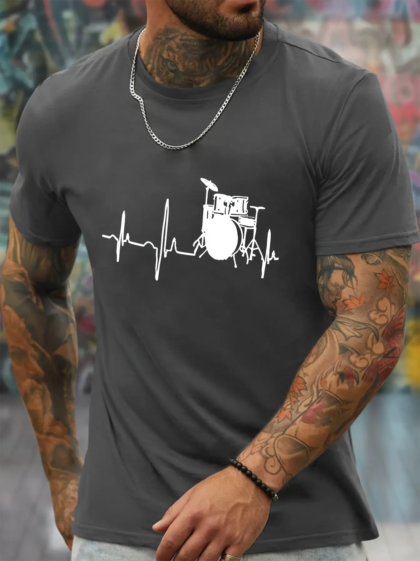 Men's Summer 100% Cotton Fashionable Sports and Leisure Loose Drum Set and Music Pattern Printed Round Neck Short Sleeve T-shirt