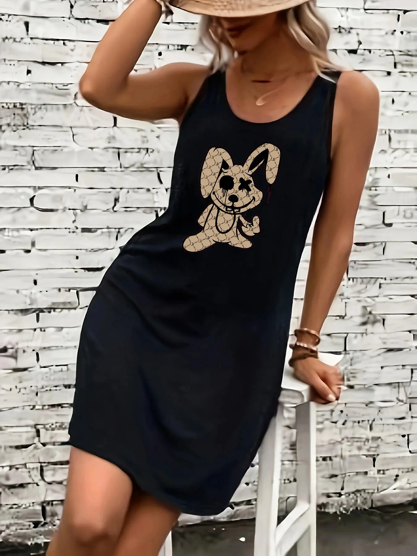Women's summer loose and comfortable casual cartoon rabbit pattern printed black sleeveless vest skirt punk style dress