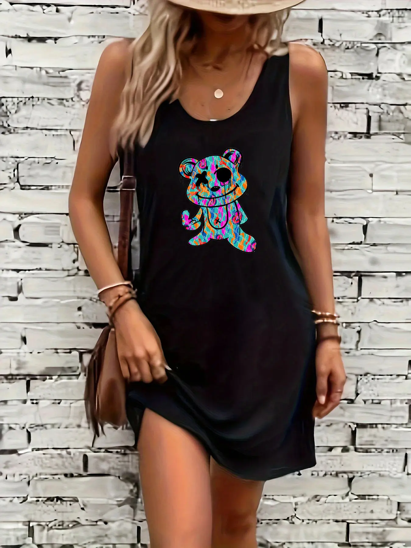 Women's summer loose and comfortable casual cartoon rabbit pattern printed black sleeveless vest skirt punk style dress