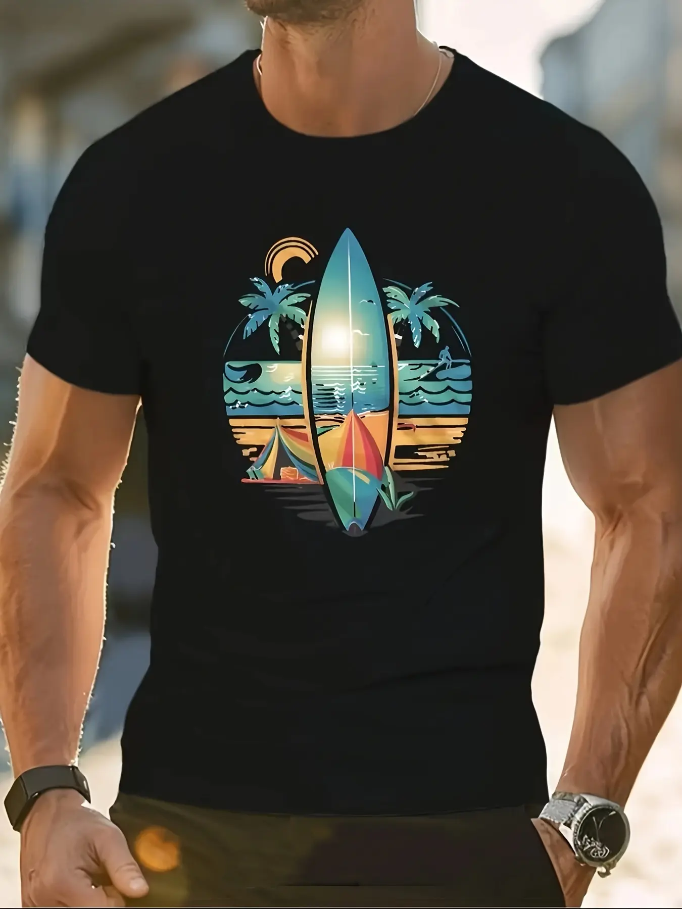 Men's summer 100% pure cotton fashionable casual loose sports surfboard pattern printed round neck short sleeved T-shirt top