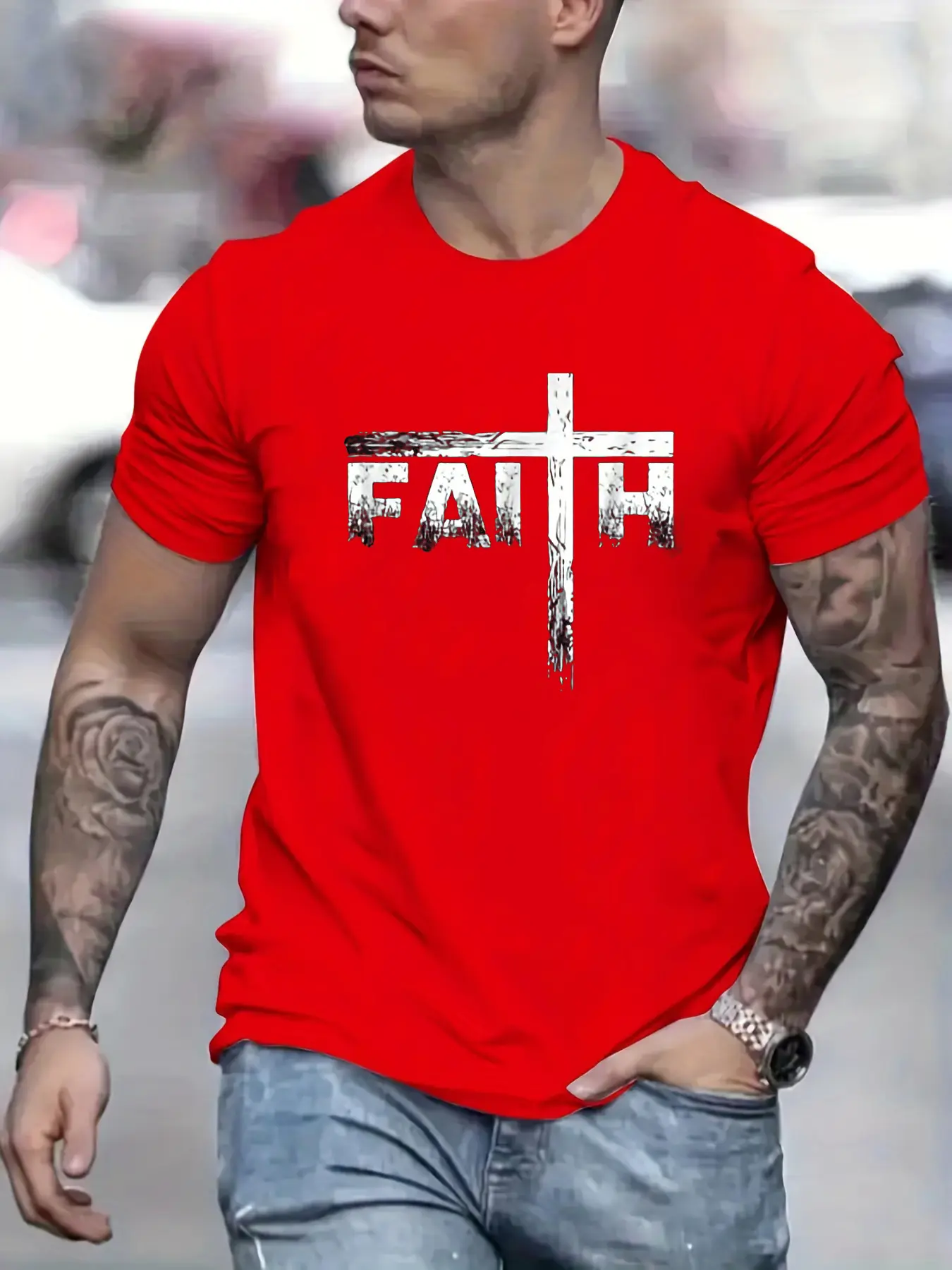 Men's Summer 100% Cotton Faith Print Loose Large Casual Round Neck Short Sleeve T-shirt