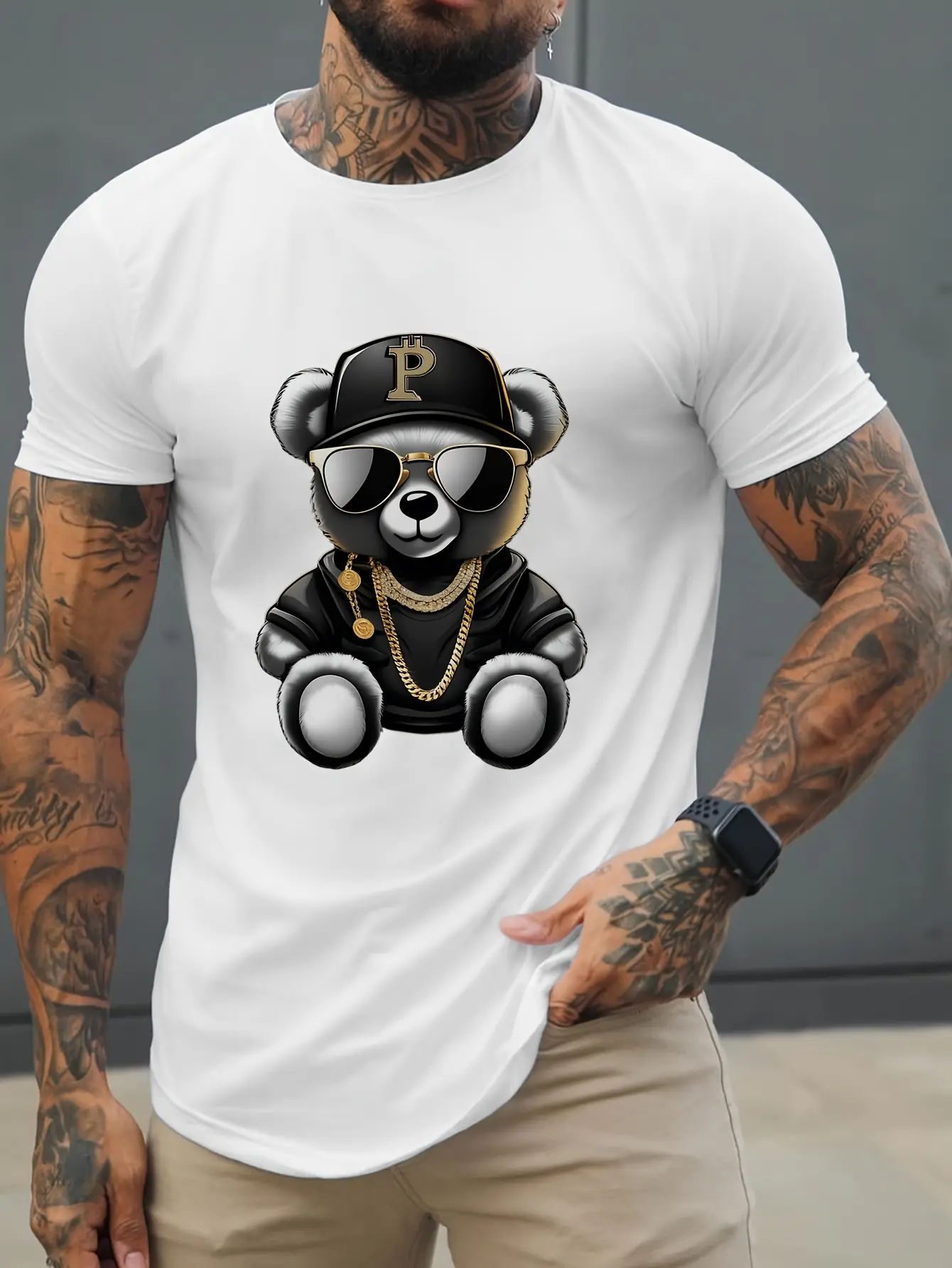 Men's summer 100% pure cotton fashionable casual sports loose sunglasses bear print round neck short sleeved T-shirt top