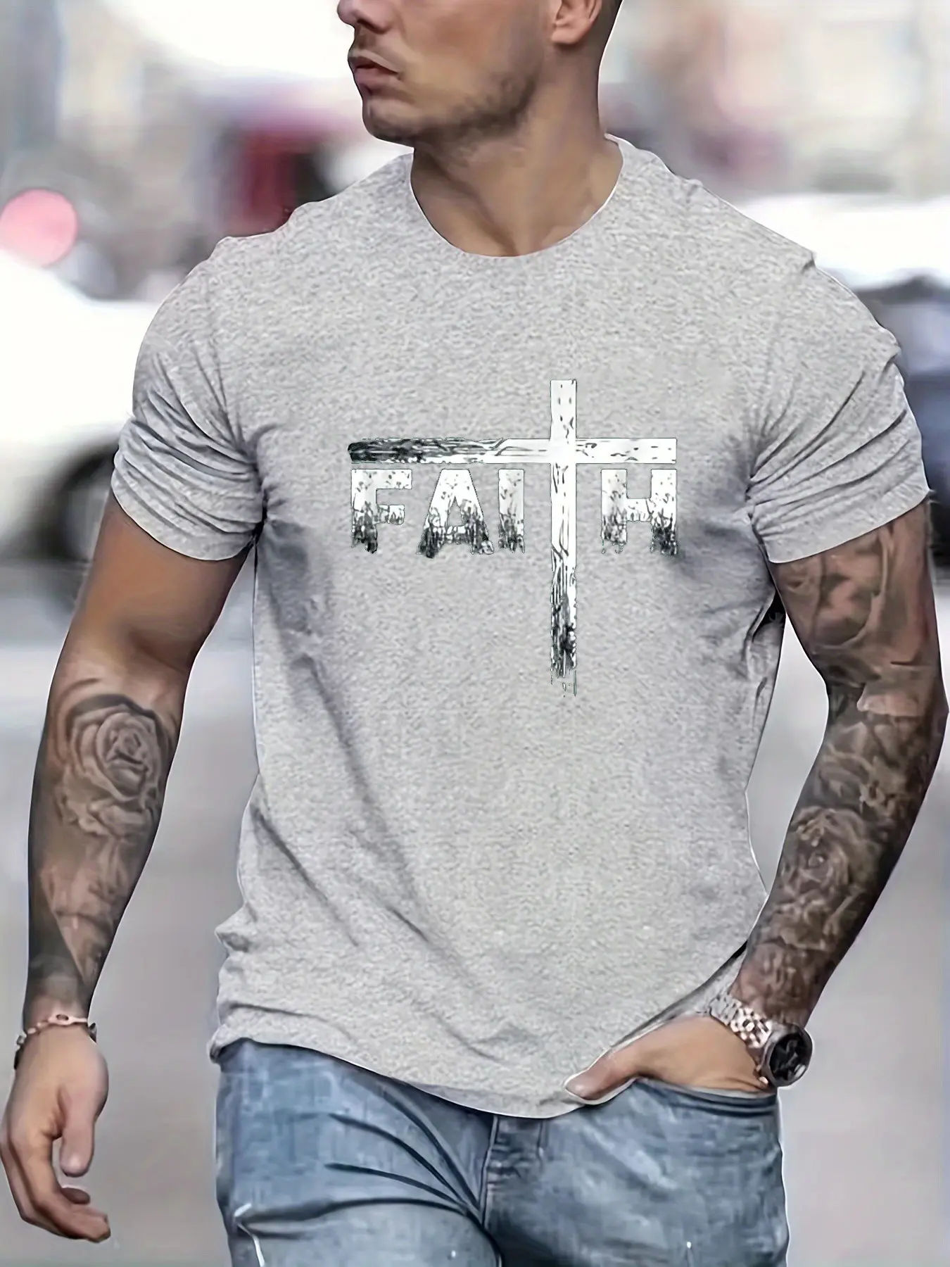 Men's Summer 100% Cotton Faith Print Loose Large Casual Round Neck Short Sleeve T-shirt