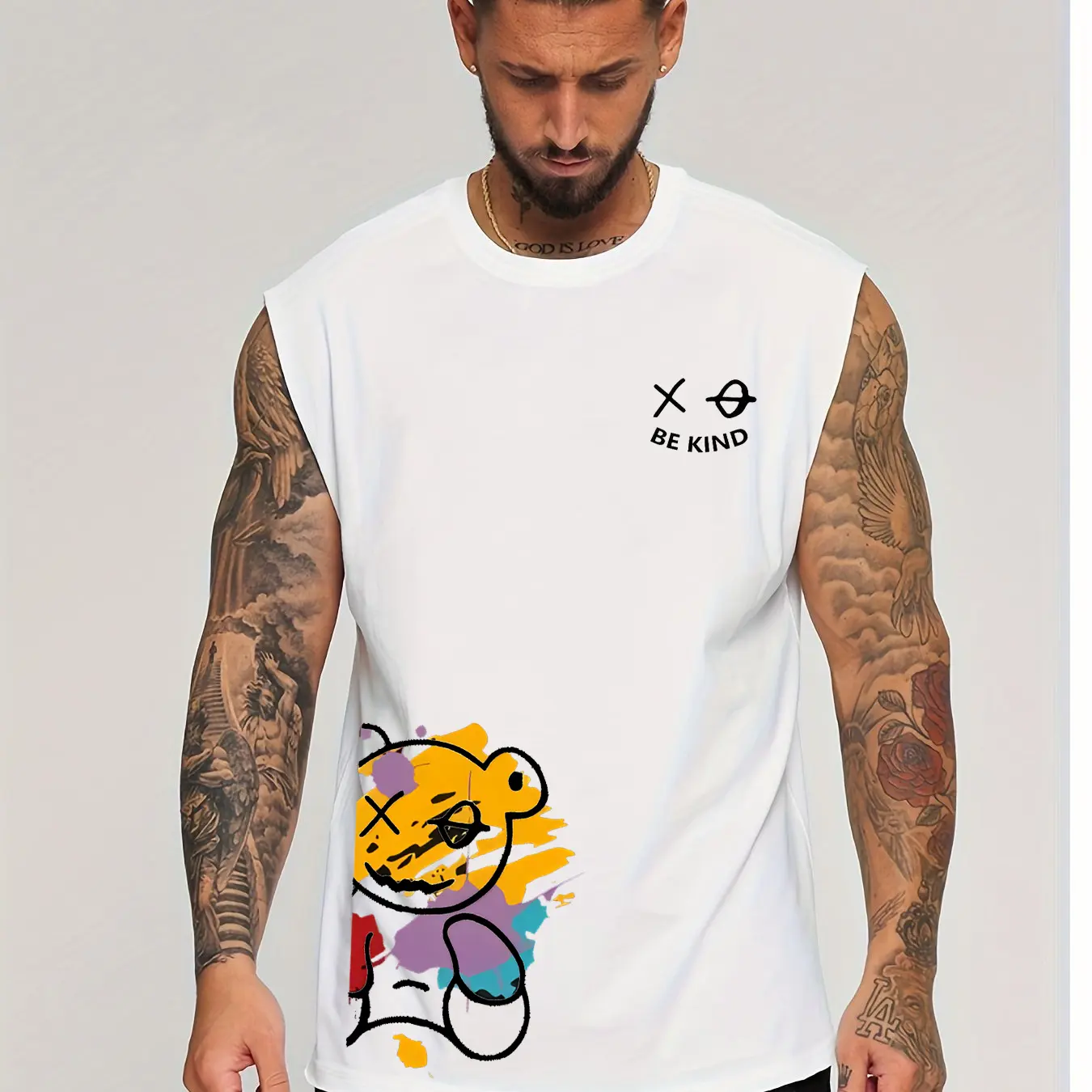 Men's Summer Leisure Sports Fitness Loose Cartoon Bear Pattern Printed Comfortable and Breathable Round Neck Sleeveless Tank Top