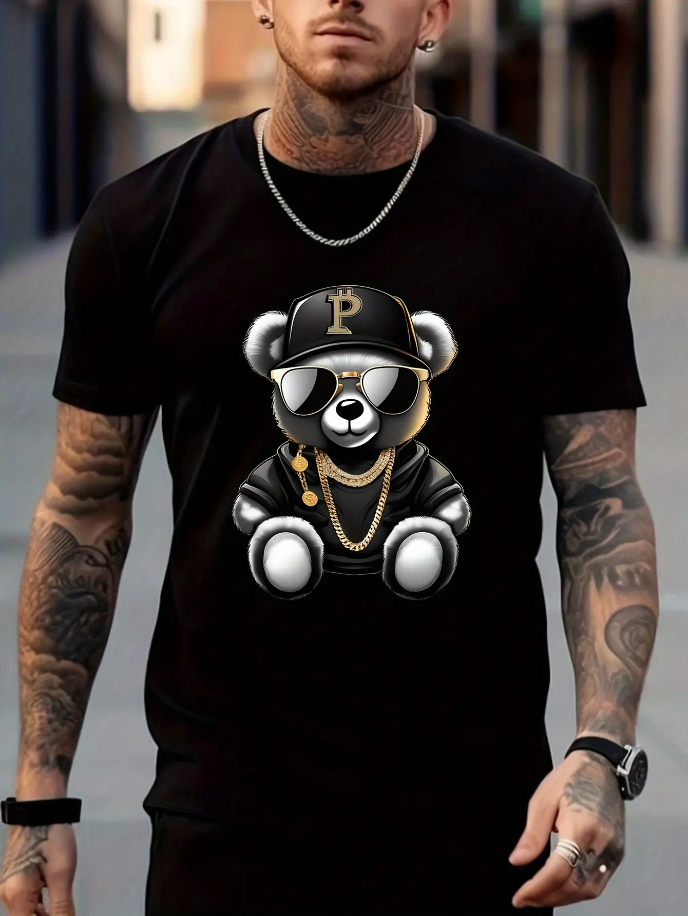 Men's summer 100% pure cotton fashionable casual sports loose sunglasses bear print round neck short sleeved T-shirt top