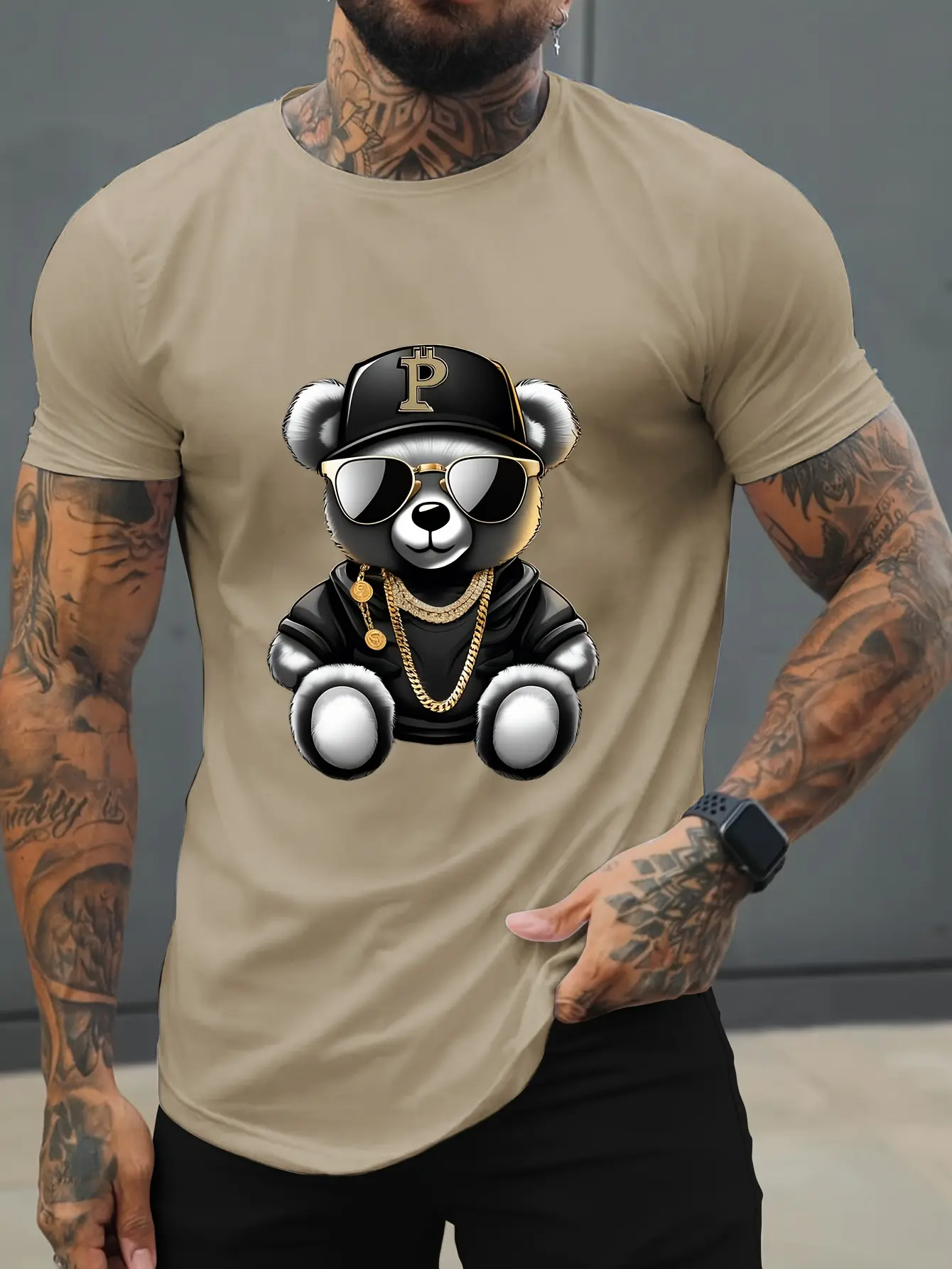Men's summer 100% pure cotton fashionable casual sports loose sunglasses bear print round neck short sleeved T-shirt top