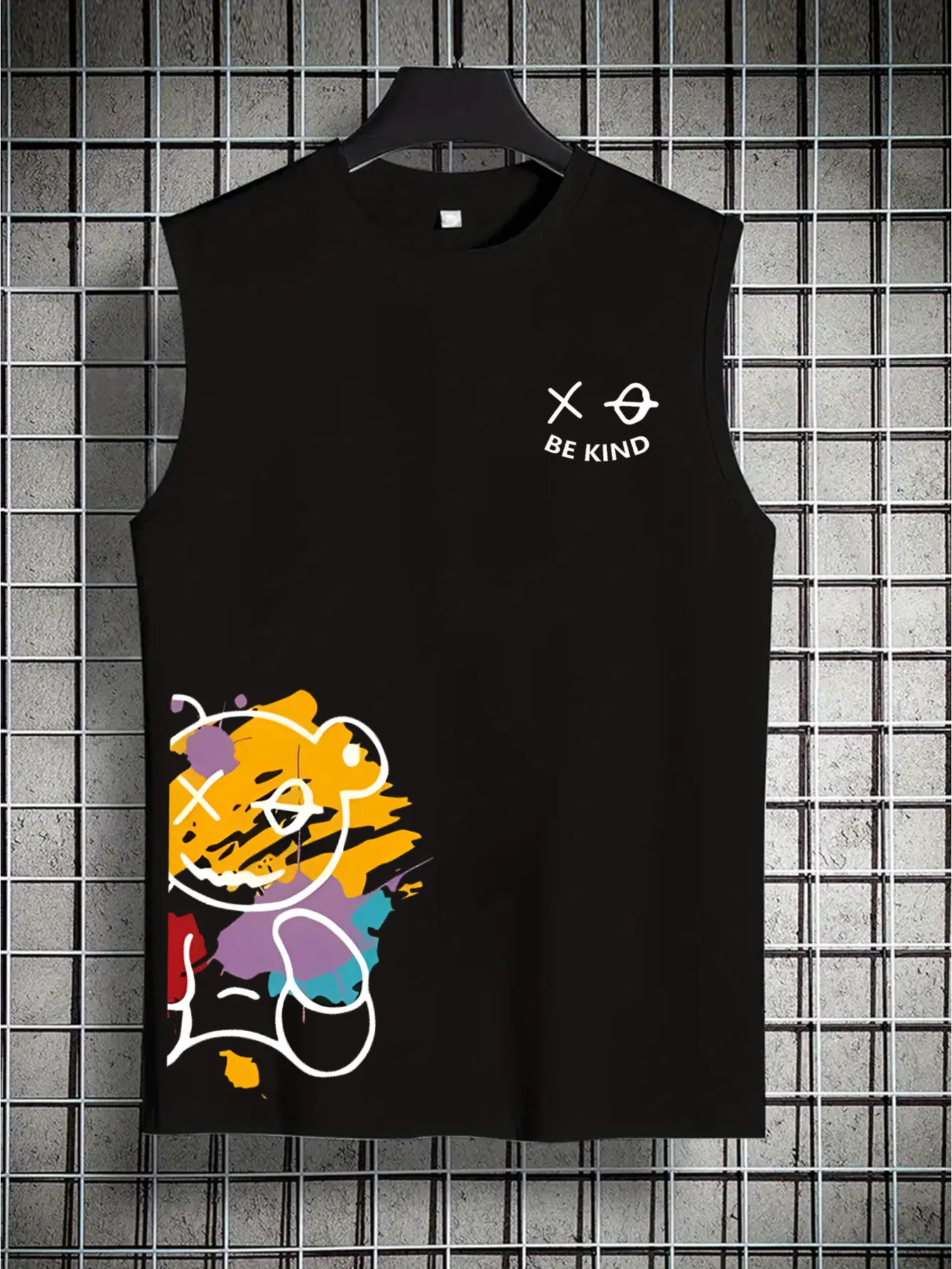 Men's Summer Leisure Sports Fitness Loose Cartoon Bear Pattern Printed Comfortable and Breathable Round Neck Sleeveless Tank Top