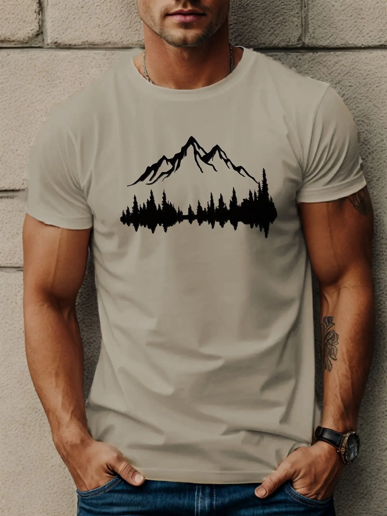 Summer Men's 100% Cotton Casual Loose Large Size Mountains And Trees Printed Sports Comfortable Round Neck Short Sleeve T-shirt