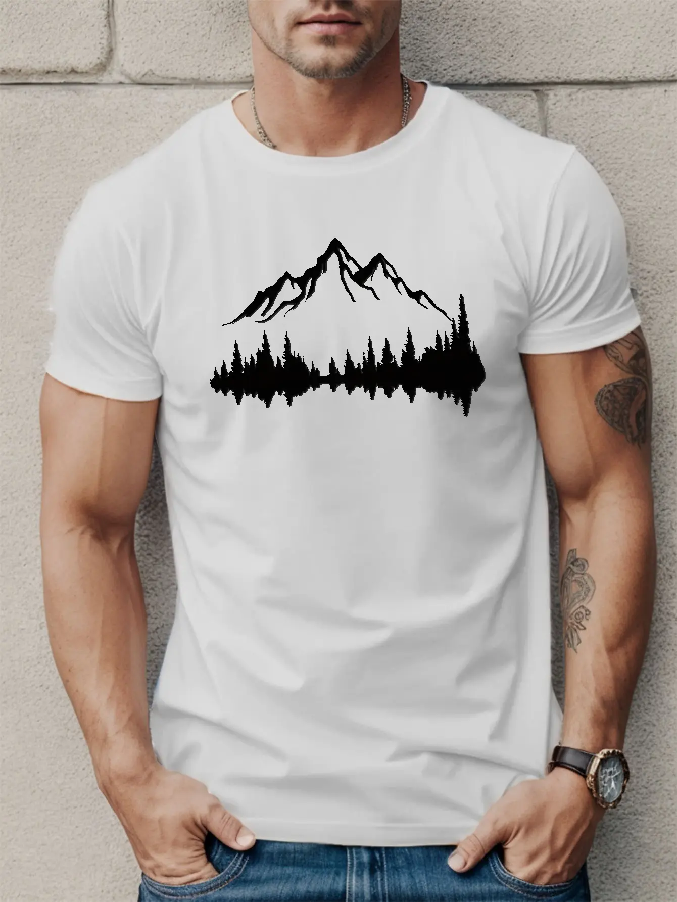 Summer Men's 100% Cotton Casual Loose Large Size Mountains And Trees Printed Sports Comfortable Round Neck Short Sleeve T-shirt