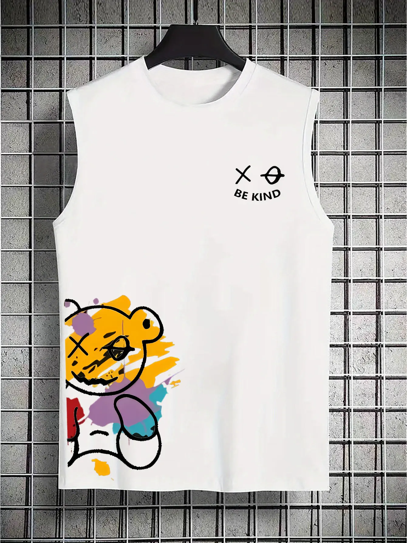 Men's Summer Leisure Sports Fitness Loose Cartoon Bear Pattern Printed Comfortable and Breathable Round Neck Sleeveless Tank Top