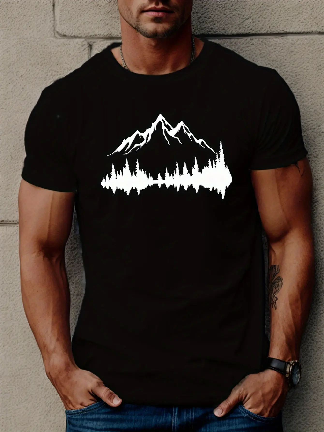 Summer Men's 100% Cotton Casual Loose Large Size Mountains And Trees Printed Sports Comfortable Round Neck Short Sleeve T-shirt