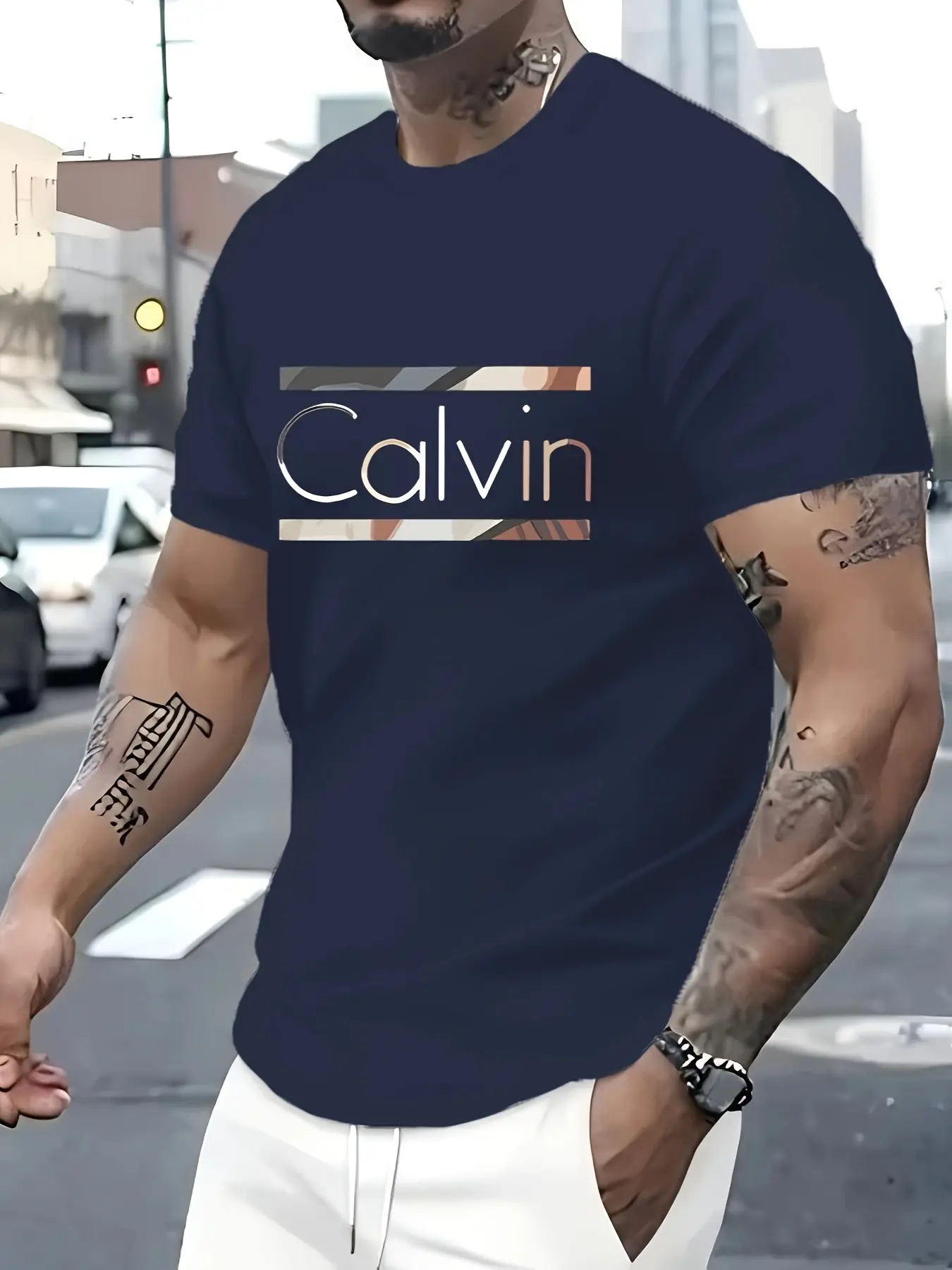 Men's summer 100% pure cotton fashionable casual sports loose Calvin letter pattern print round neck short sleeved T-shirt top