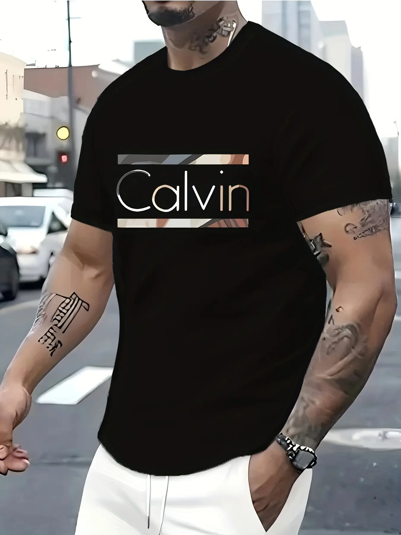 Men's summer 100% pure cotton fashionable casual sports loose Calvin letter pattern print round neck short sleeved T-shirt top