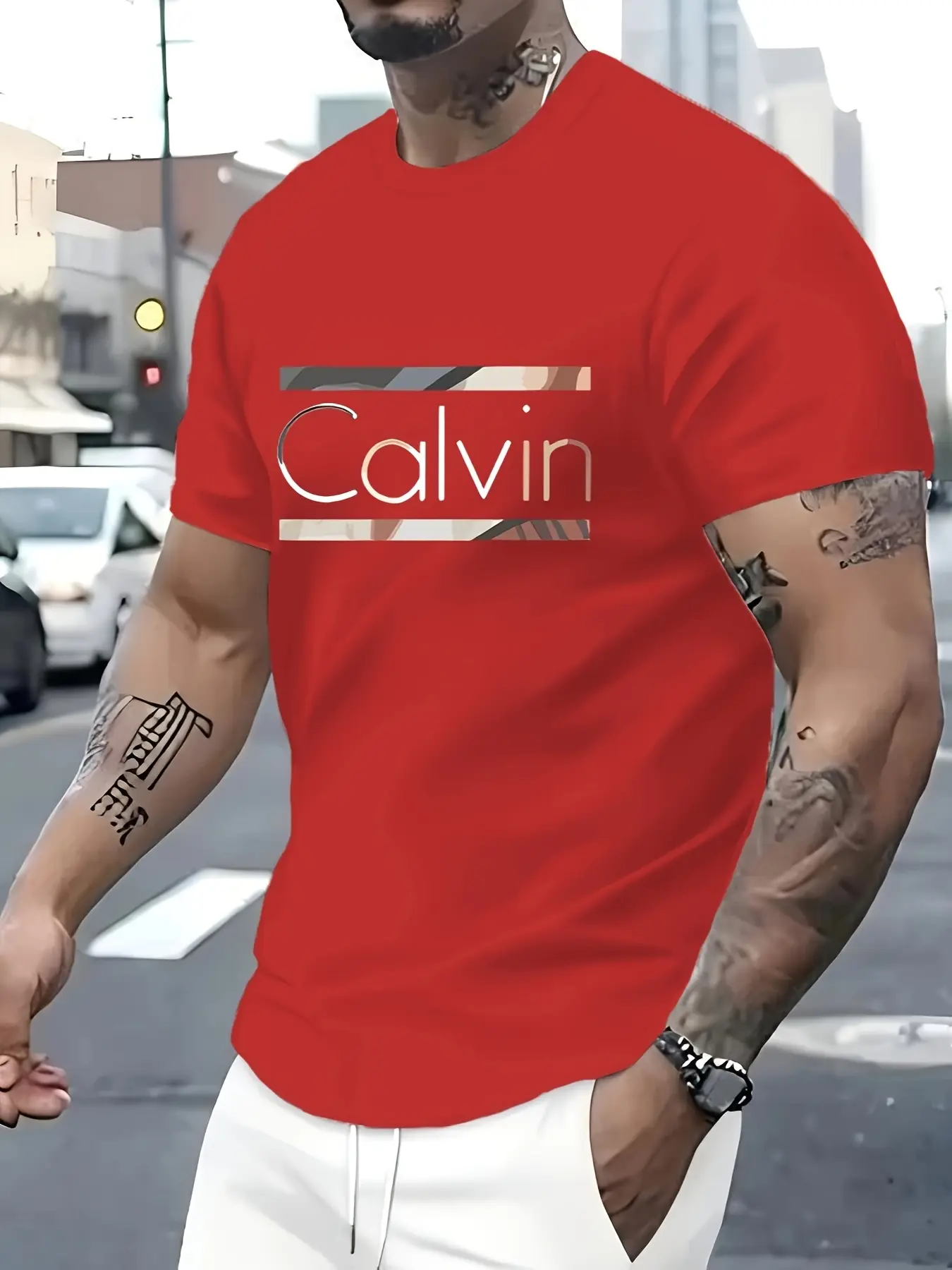 Men's summer 100% pure cotton fashionable casual sports loose Calvin letter pattern print round neck short sleeved T-shirt top