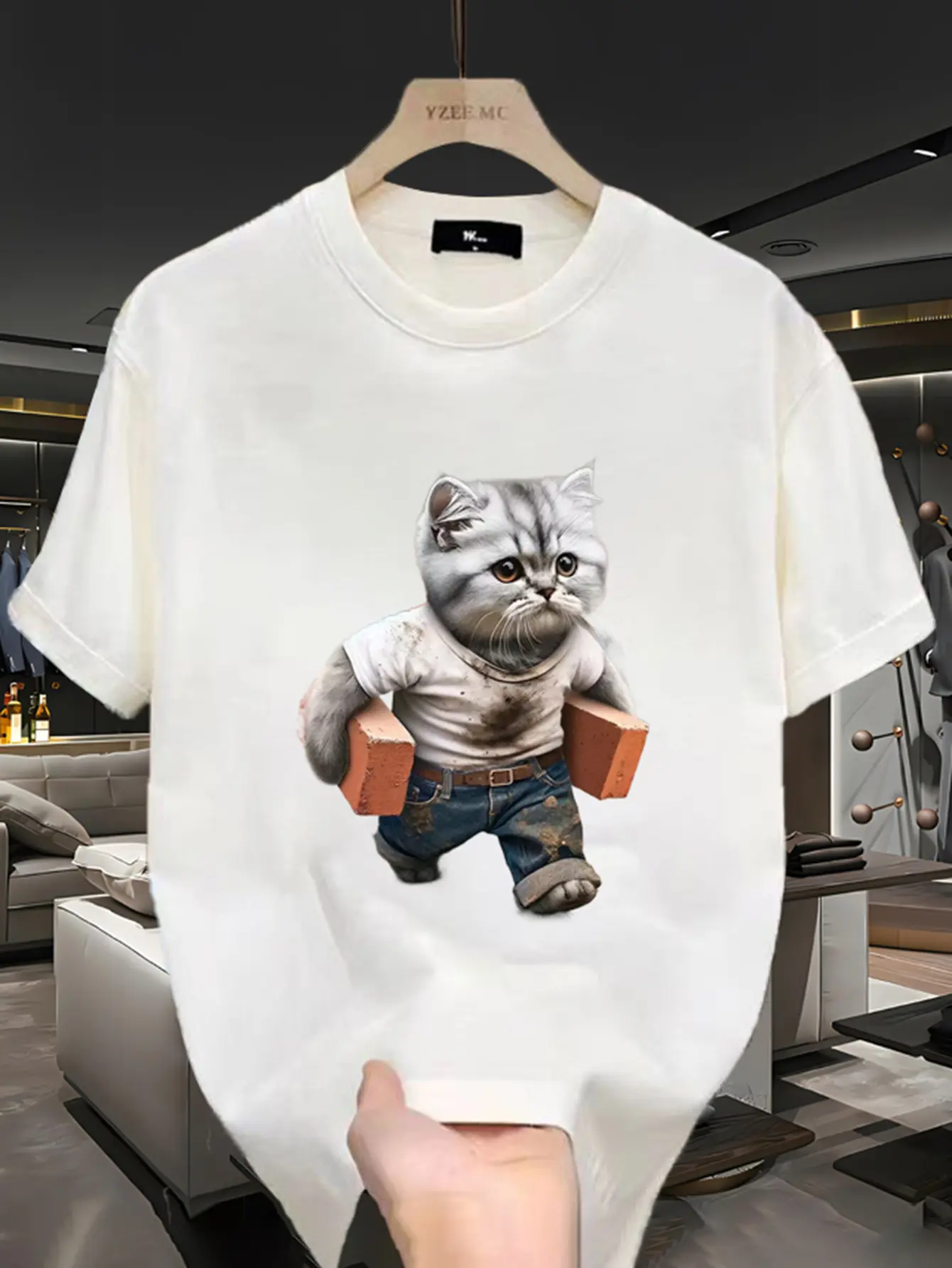 Men's summer 100% cotton fashionable casual loose sports fun cat and brick pattern printed round neck short sleeved T-shirt top