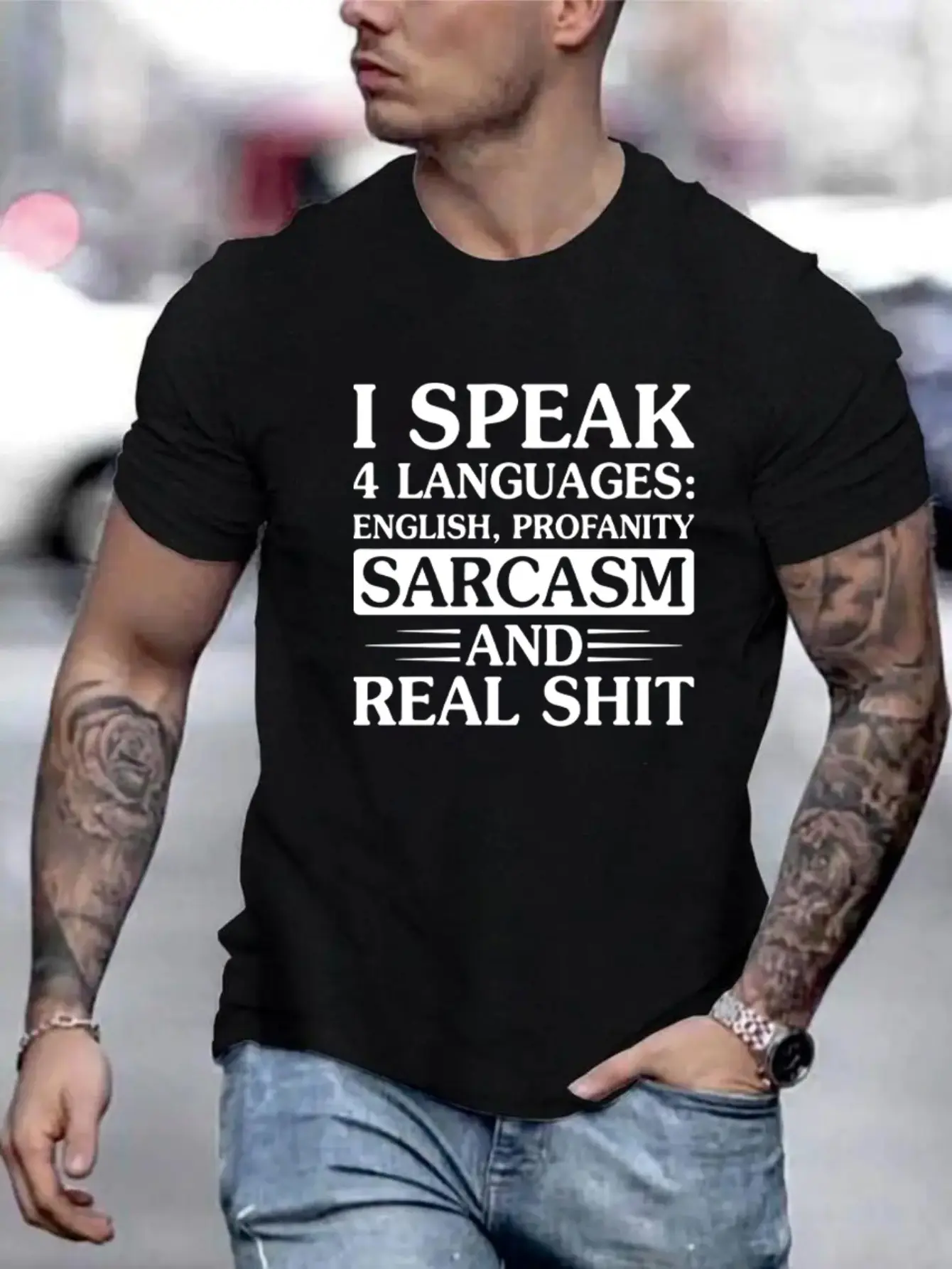 Men's Summer 100% Cotton Fashion Sports and Leisure Loose I Speak Sarcasm Graphic Printed Round Neck Short Sleeve T-shirt Top