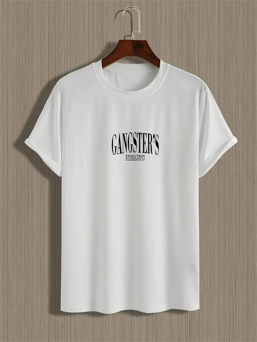 Men's summer 100 cotton fashionable casual loose fit plus size back gangster print vacation round neck short sleeved T-shirt top