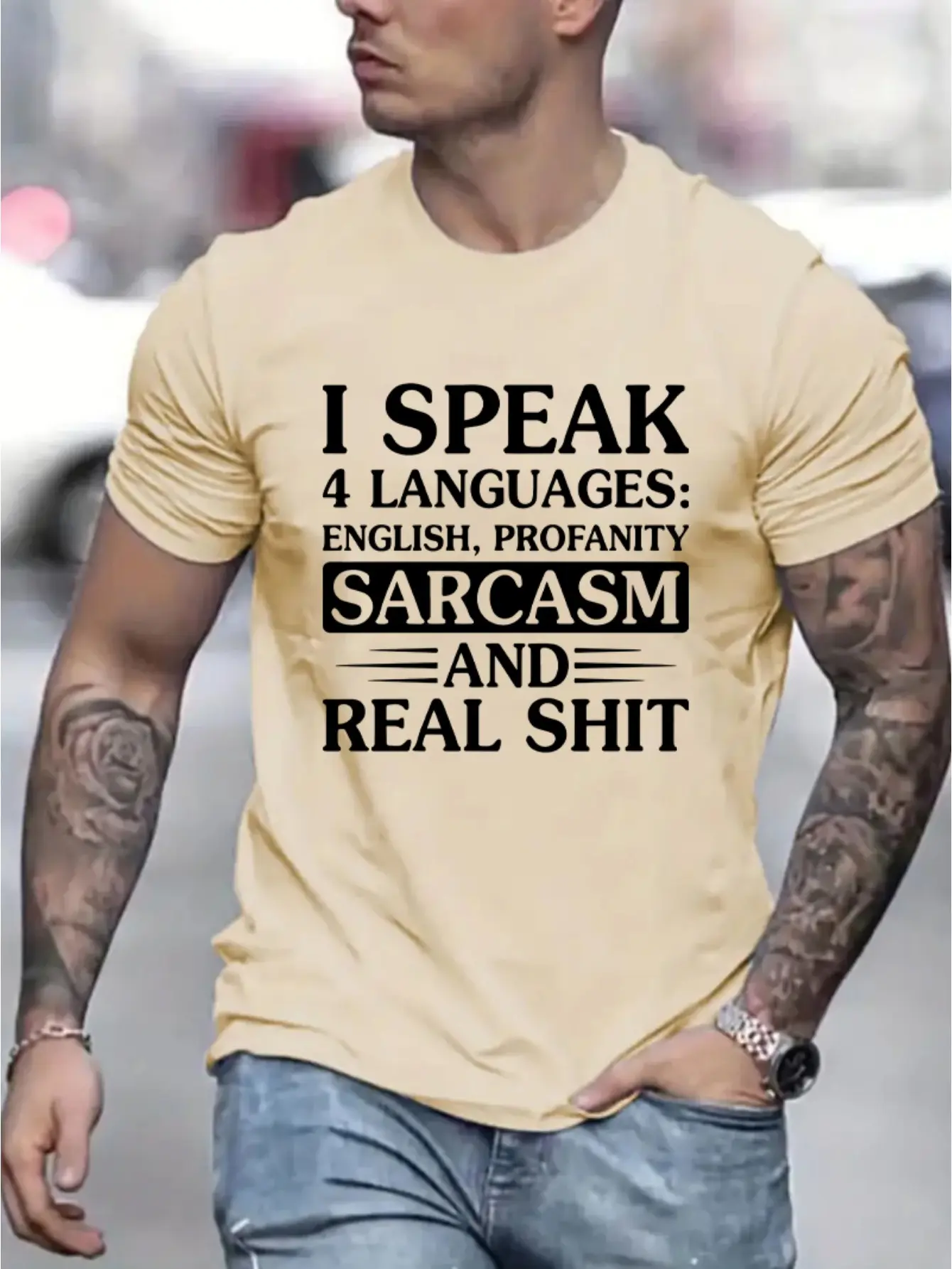 Men's Summer 100% Cotton Fashion Sports and Leisure Loose I Speak Sarcasm Graphic Printed Round Neck Short Sleeve T-shirt Top