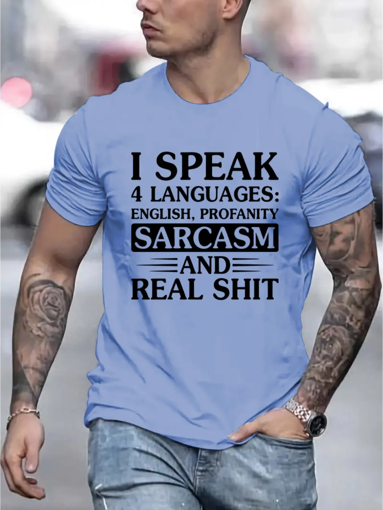 Men's Summer 100% Cotton Fashion Sports and Leisure Loose I Speak Sarcasm Graphic Printed Round Neck Short Sleeve T-shirt Top