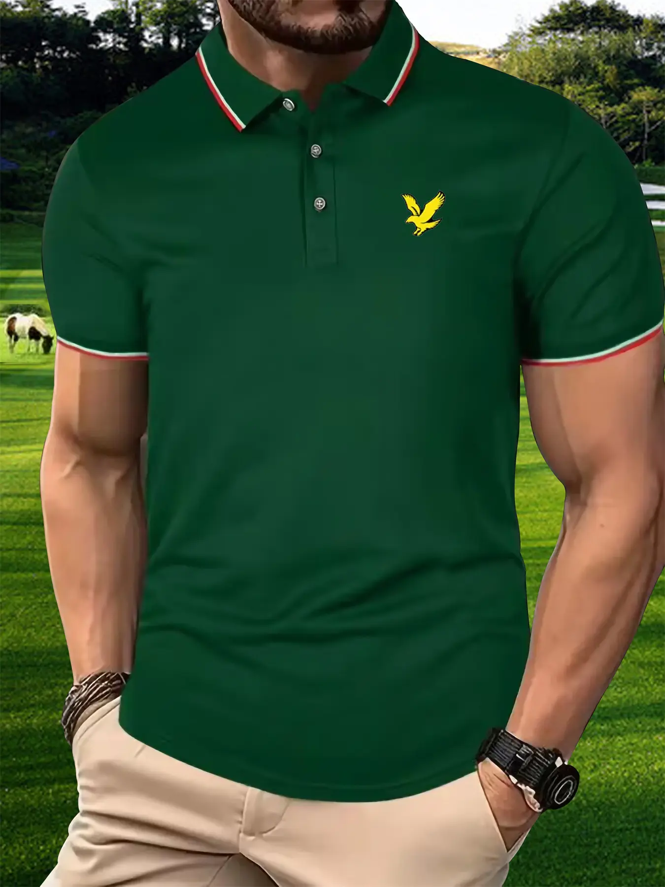 Men's 100 cotton summer casual fashion loose plus size eagle pattern printed collar short sleeved polo shirt travel outfit
