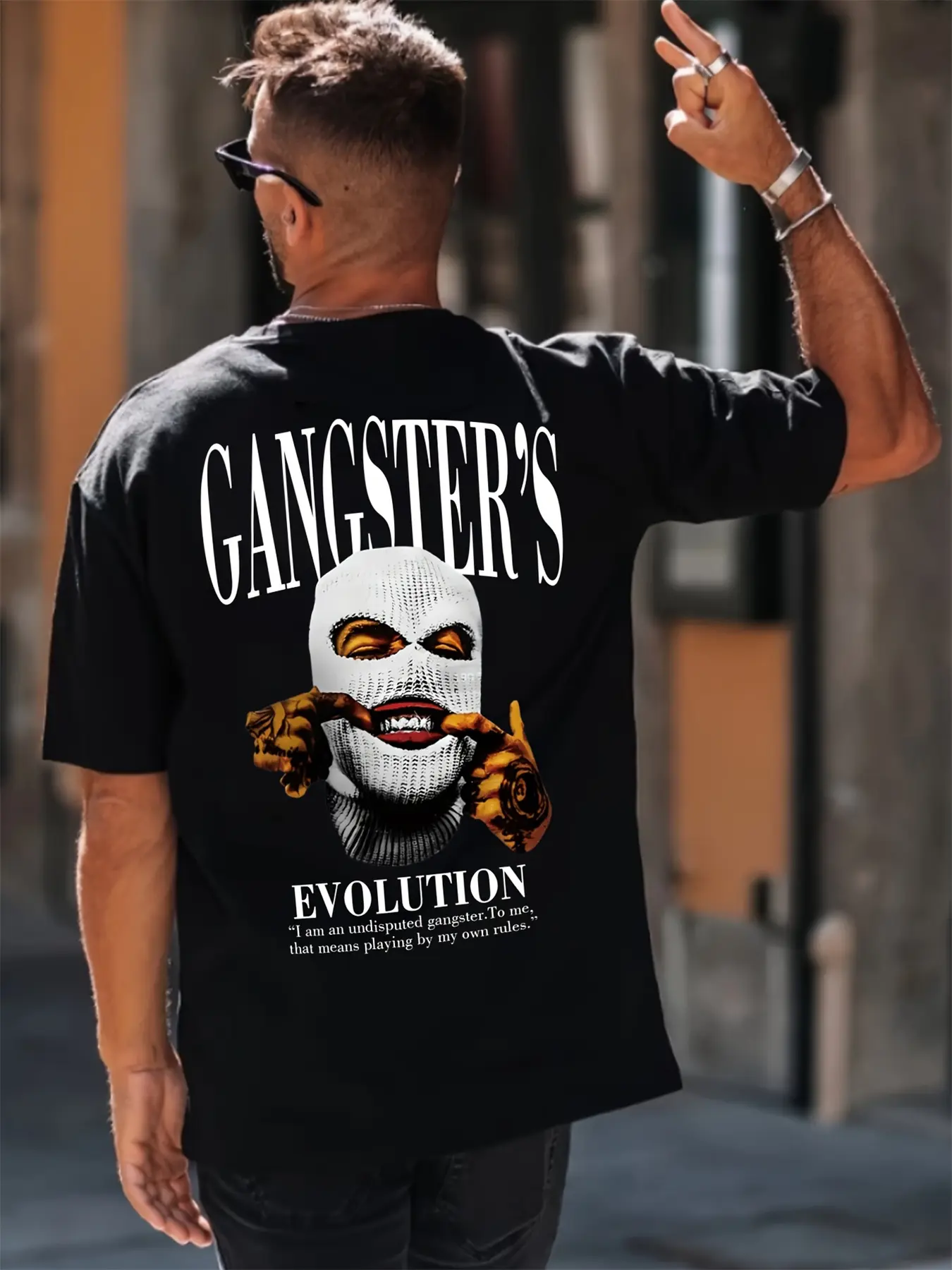 Men's summer 100 cotton fashionable casual loose fit plus size back gangster print vacation round neck short sleeved T-shirt top
