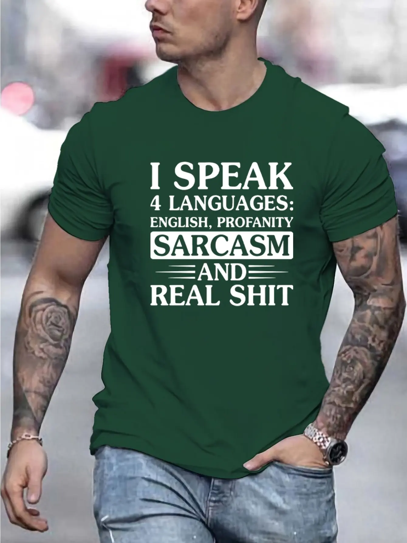 Men's Summer 100% Cotton Fashion Sports and Leisure Loose I Speak Sarcasm Graphic Printed Round Neck Short Sleeve T-shirt Top
