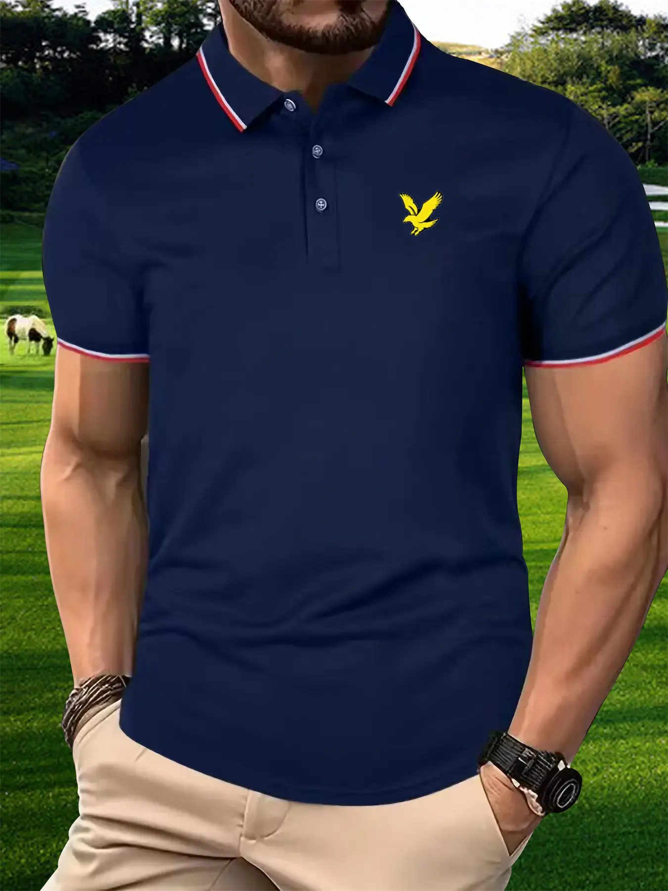 Men's 100 cotton summer casual fashion loose plus size eagle pattern printed collar short sleeved polo shirt travel outfit