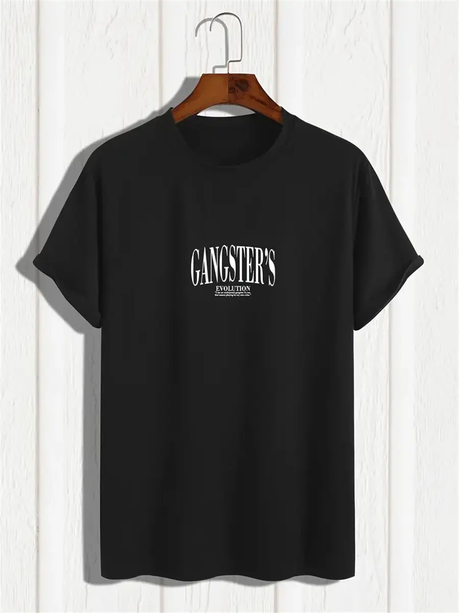 Men's summer 100 cotton fashionable casual loose fit plus size back gangster print vacation round neck short sleeved T-shirt top