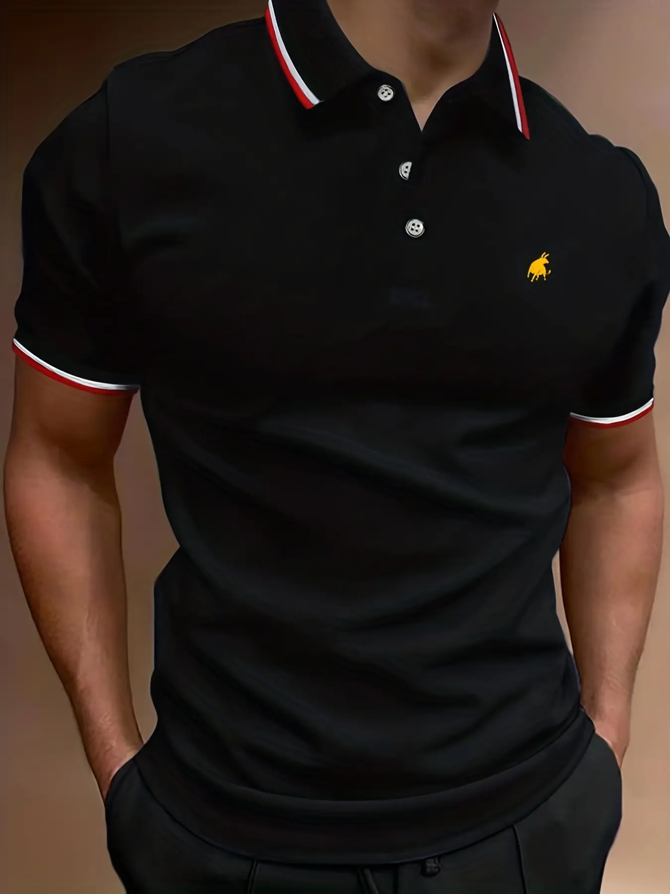 Men's 100 cotton summer casual fashion loose plus gold bull pattern printed collar short sleeved polo shirt top travel outfit