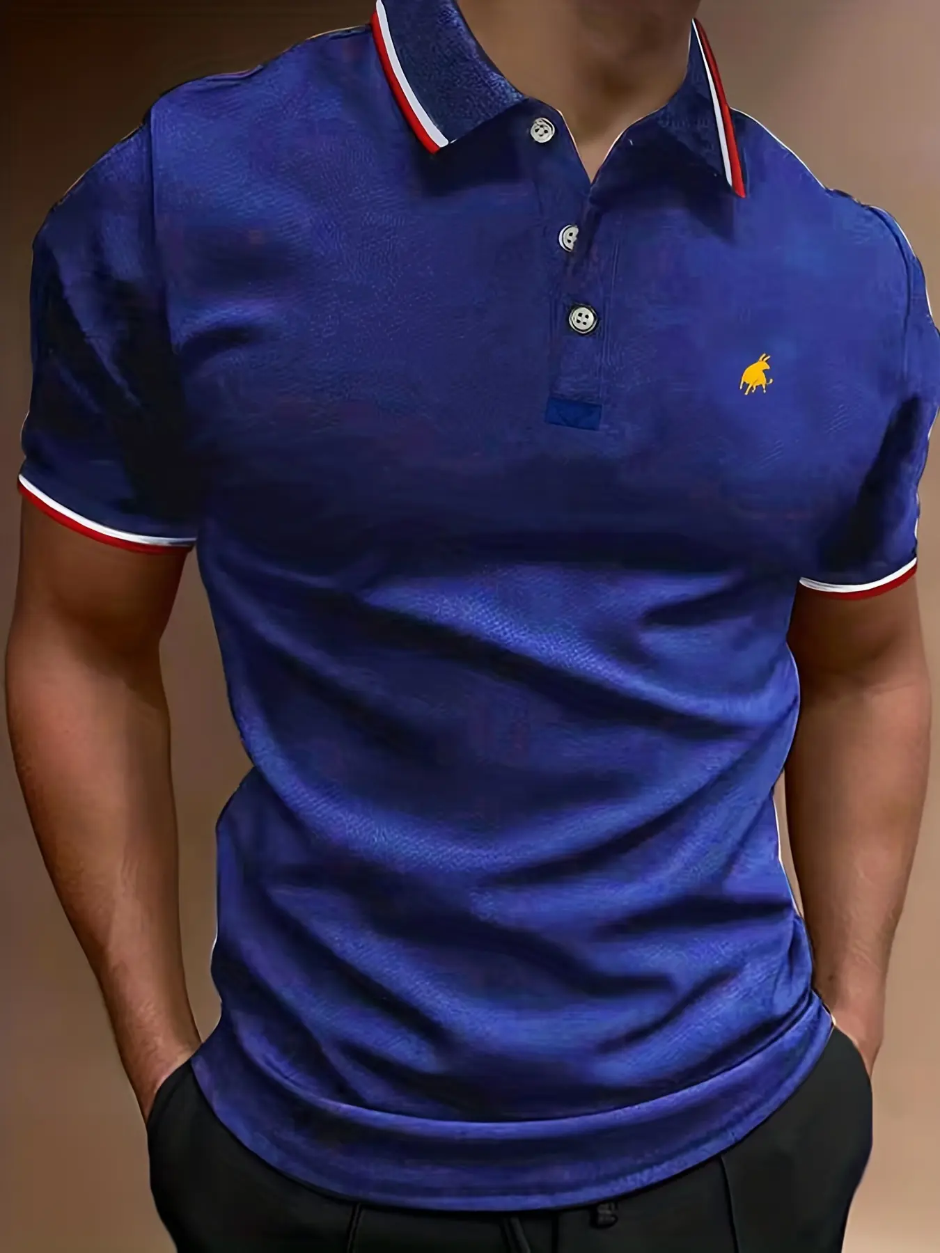 Men's 100 cotton summer casual fashion loose plus gold bull pattern printed collar short sleeved polo shirt top travel outfit